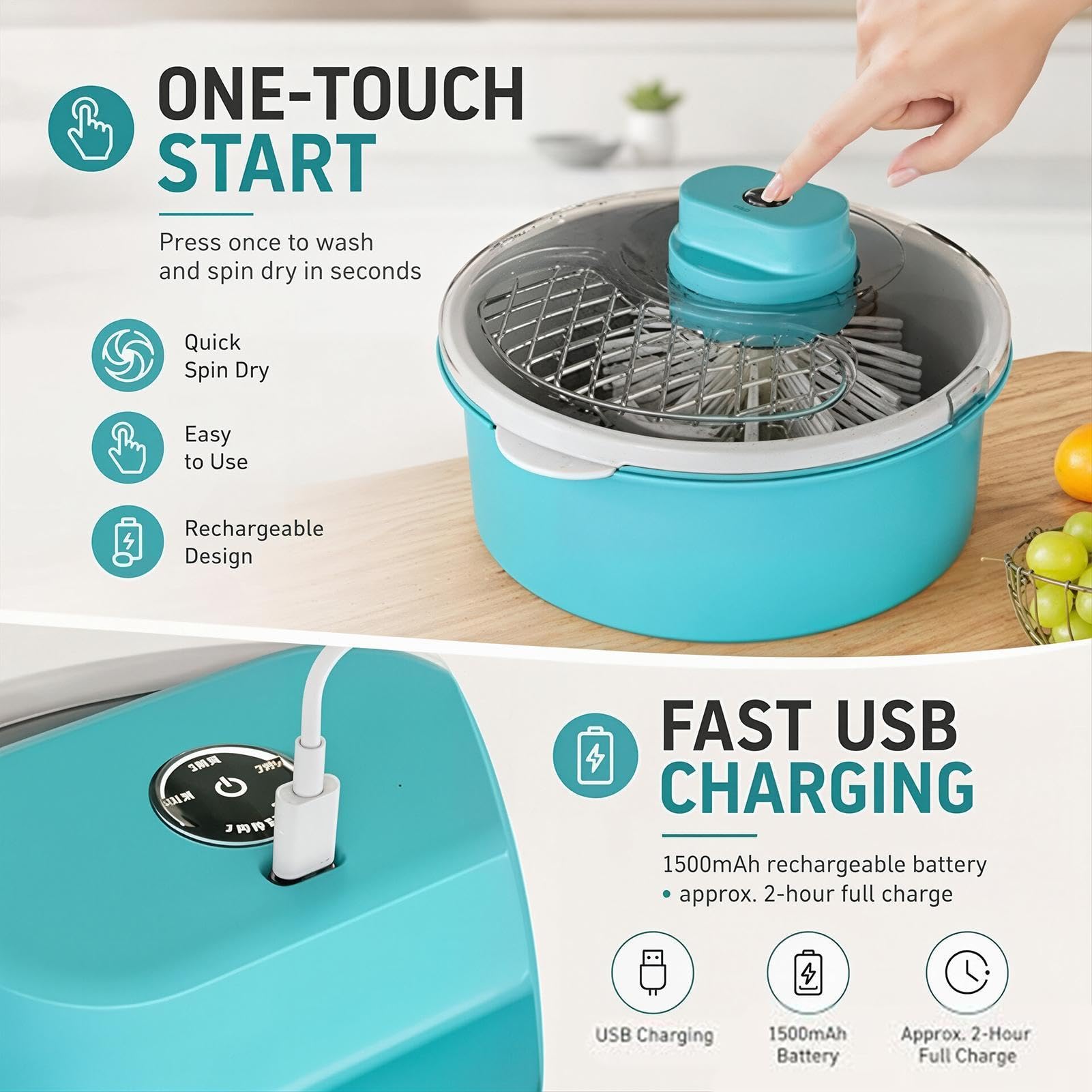 De Verduras a Eléctrica para Alimentos de Gran Capacidad con Centrifugadora | Dispositivo Limpiador de Frutas para Hogar y Cocina Fresas Ensalada Preparación Comidas Picnic