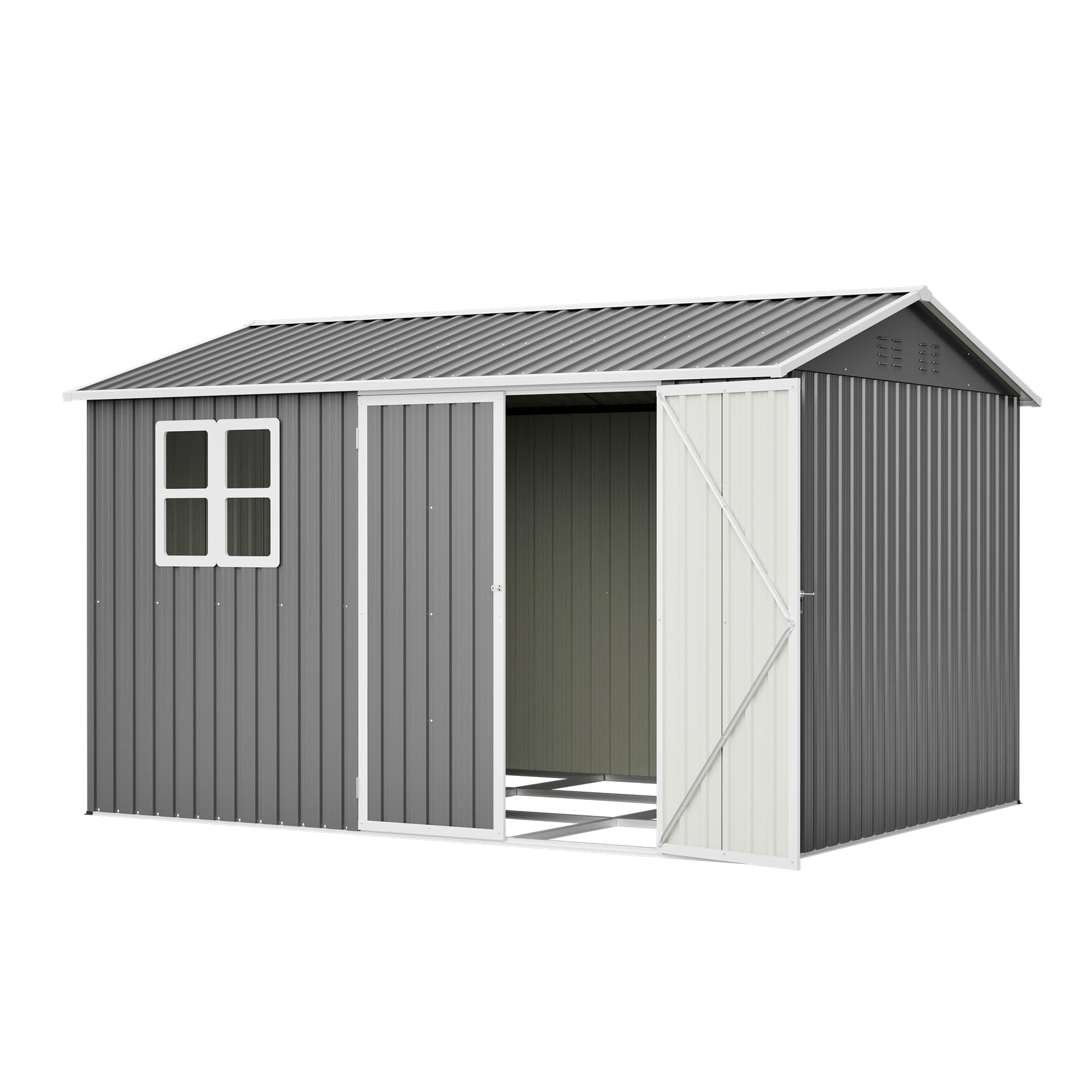 Metalowa szopa na narzędzia, 311 x 240 cm, domek ogrodowy z oknem i 4 otworami wentylacyjnymi, odporna na warunki atmosferyczne szafka ogrodowa z dachem skośnym, domek na narzędzia do rowerów i