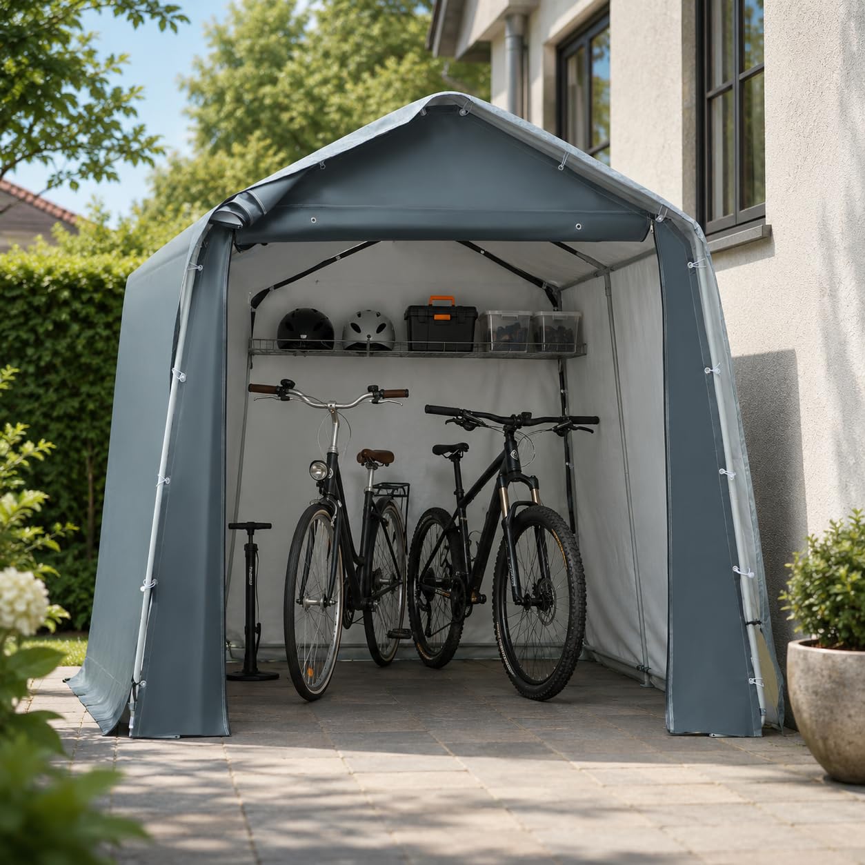 Cobertizo para herramientas, 240 x 240 x 240 cm, resistente al agua y protección UV, lona de polietileno con puerta con cremallera, tienda de almacenamiento para bicicletas, herramientas de jardín y