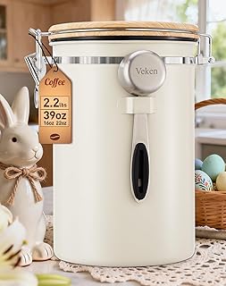 Veken Coffee Canister, 39OZ Large, Airtight Stainless Steel Food Storage Container for 2.2lbs Coffee Beans, Ground, Sugar, Tea, Flour, Cereal, Kitchen Bar Accessories with Date Tracker & Scoop, Cream