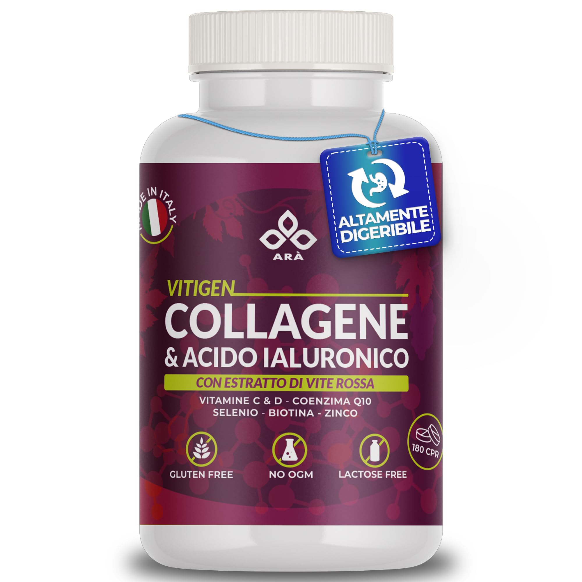 Collagene e Acido Ialuronico ARÀ®, 2400mg Collagene Idrolizzato, 210mg Acido Ialuronico,180 CPR con Vite Rossa, Vitamina C e D, Coenzima Q10, Selenio e Biotina-VITIGEN