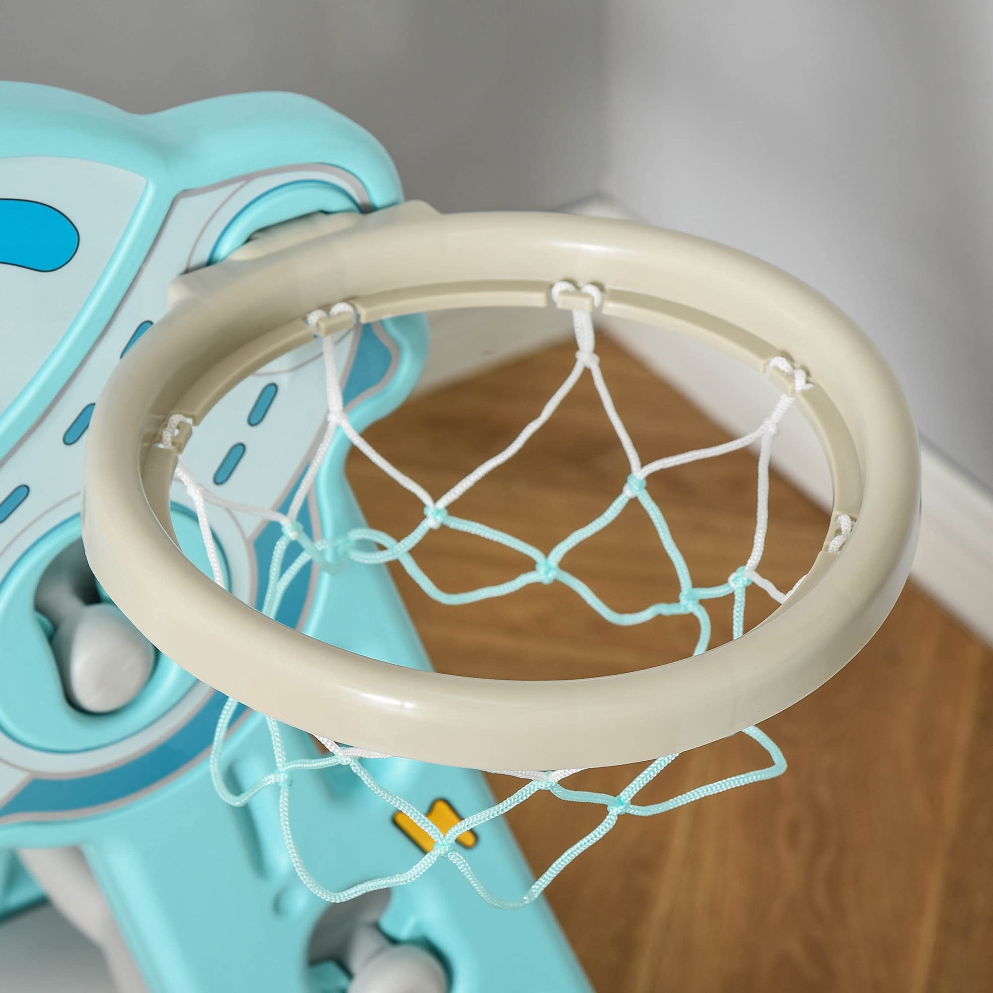HOMCOM Scivolo per Bambini da 18 Mesi Pieghevole con 3 Scalini e Canestro Basket, Scivolo da Interno ed Esterno, 140x87x75cm, Blu e Grigio
