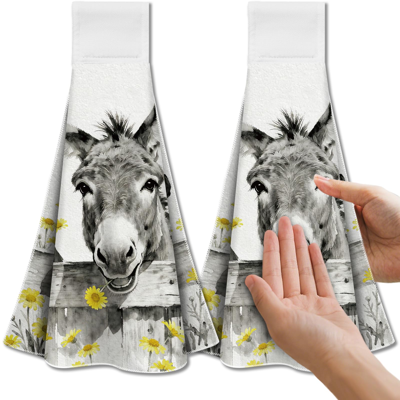 CUTHOLLOW 2PCS Donkey and Flower Tea Towels for Kitchen with Loop, 31.5x43.5cm Soft Super Absorbent Microfiber Decorative Hanging Dish Towel, Tea, Coffee Towel for Kitchen Bathroom Oven Handle