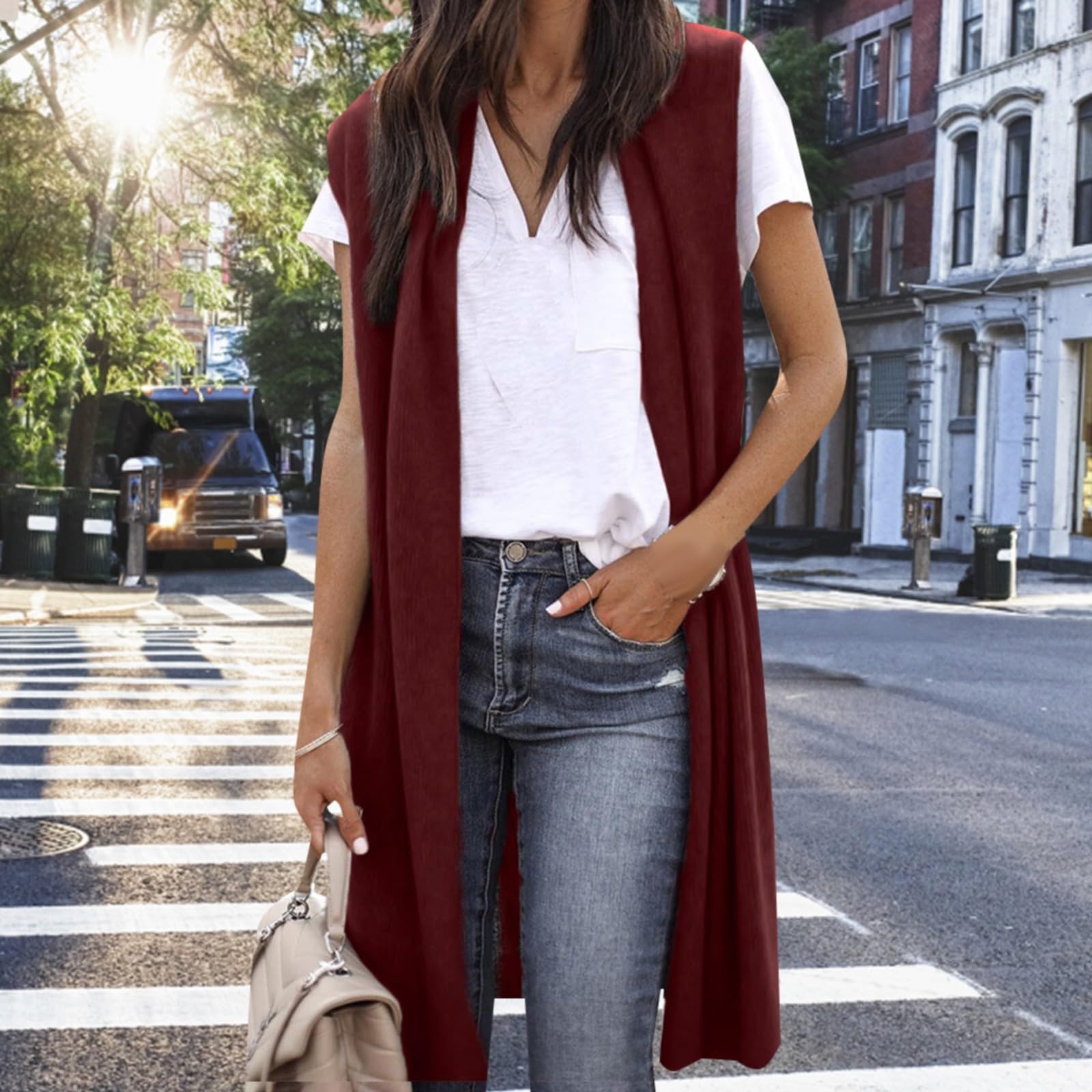 Generisch Chaqueta de punto para mujer, chaleco de punto largo, chaleco ligero sin mangas, elegante, fino, frente abierto, chalecos sin mangas, abrigo de punto, cárdigan largo, cárdigan de punto