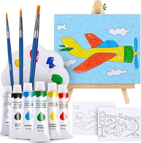 J MARK Juego de pintura para niños y caballete de pintura, kit de pintura acrílica, pinturas lavables seguras, caballete de madera, 2 lienzos