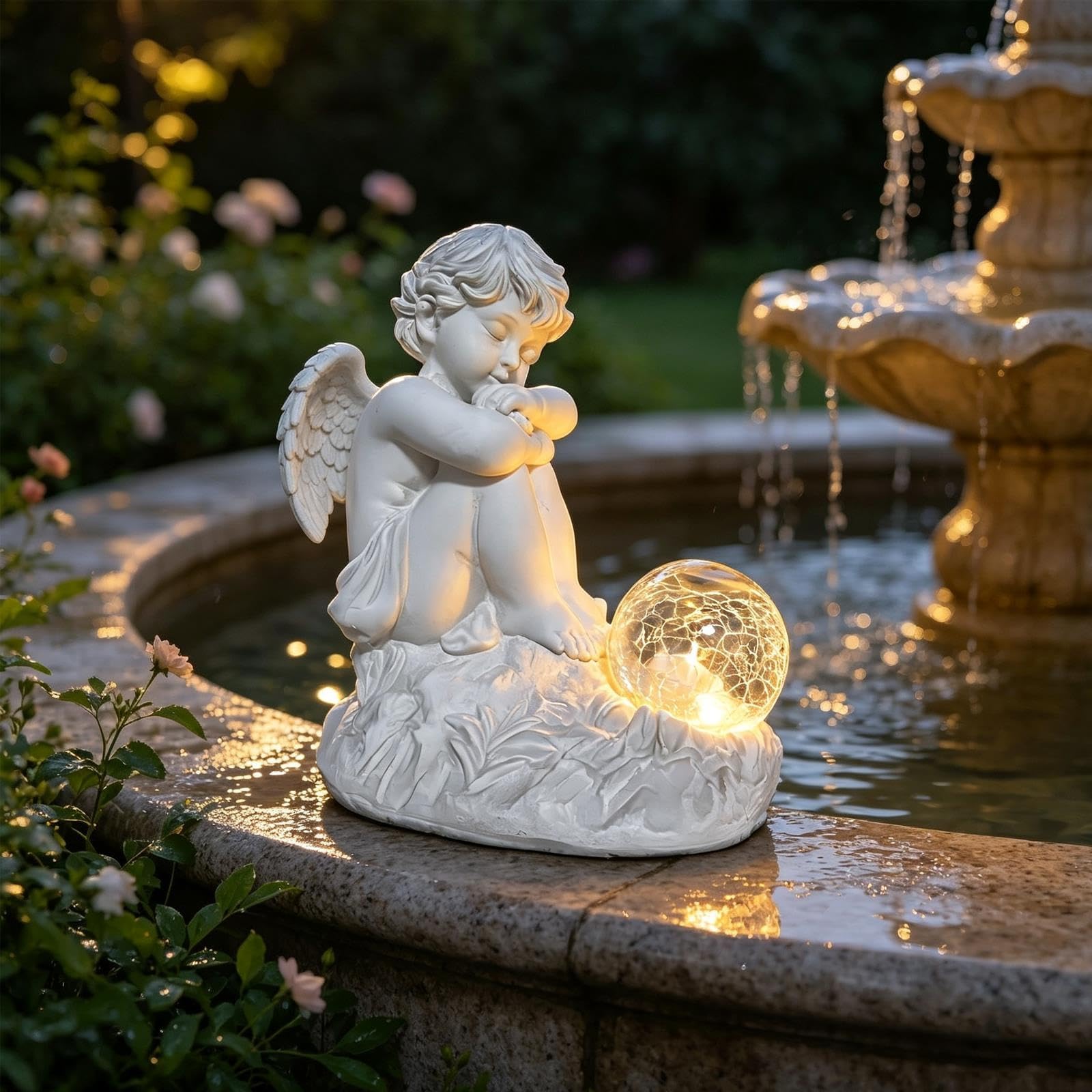 Statue da Giardino a Forma di Angelo Custode con Sfera in Vetro Crepato