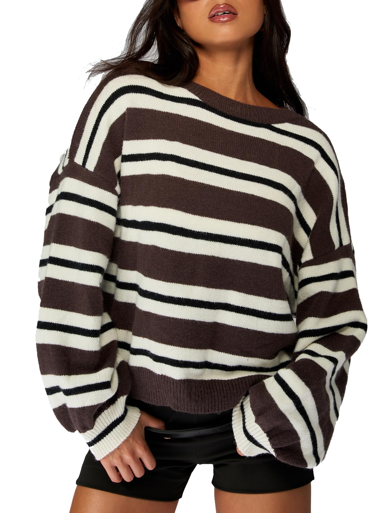 OYOANGLE Womens Striped Oversized Sweater Long Sleeve Drop Shoulder Crewneck Knit Sweaters