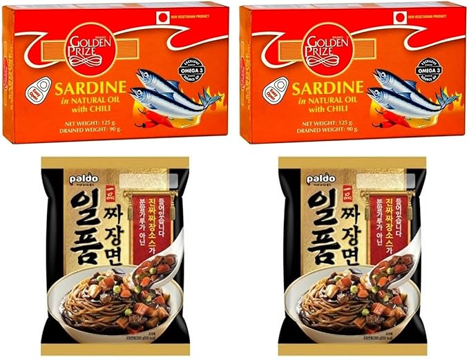 Golden Prize Sardine in Natural Oil with Chili 125Gms and Paldo Ilpoom Jjang Noodles 200 Gms (2 Units), Combo Pack, Pack of 4