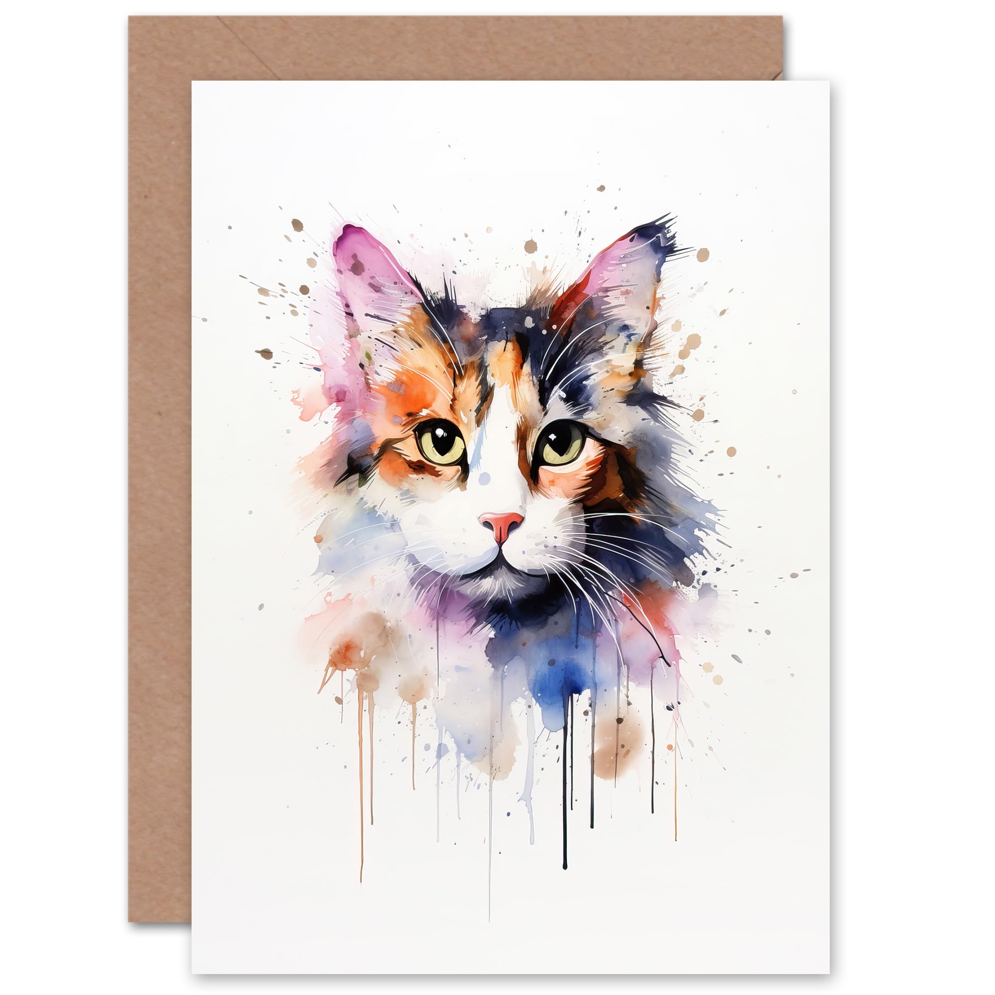 Artery8 Calico Cat Watercolour Pet Portrait Greeting Card