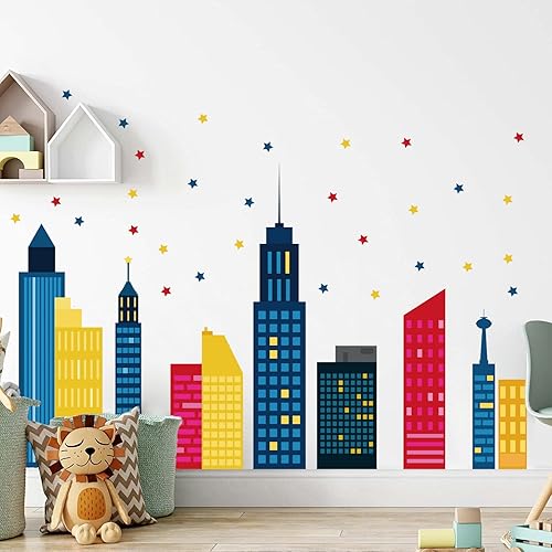 Runtoo Calcomanías de pared coloridas con diseño de horizonte de ciudad, diseño de estrellas, para dormitorio, cuarto de bebé, sala de estar,