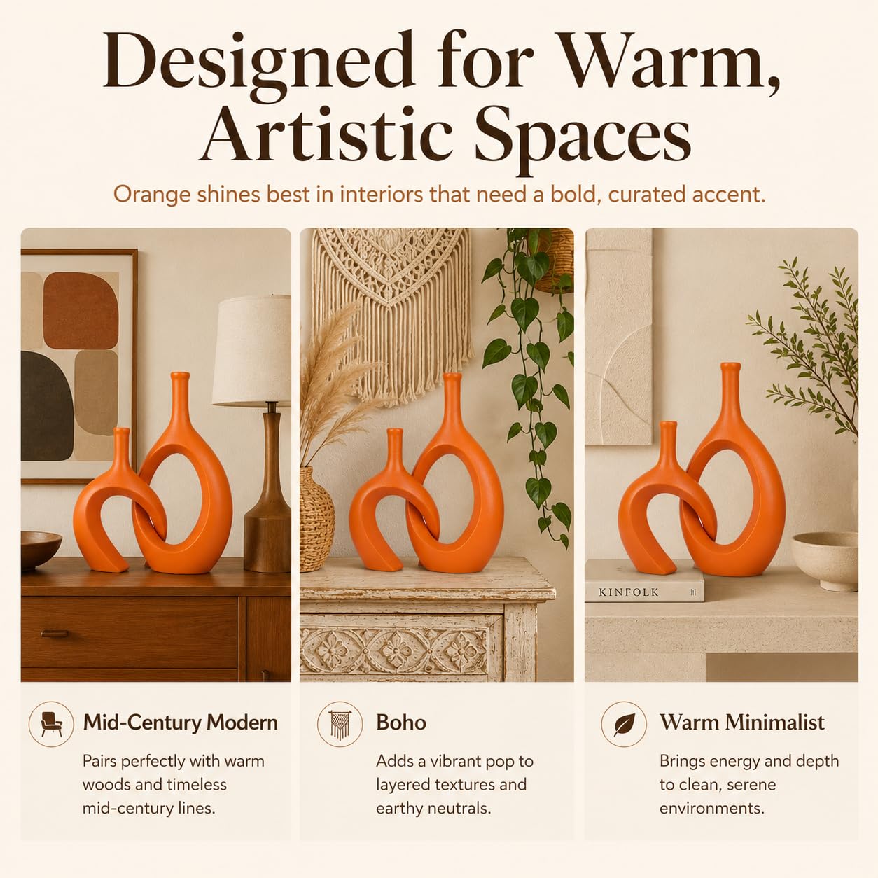 Orange Keramik Vase Set 2 für Moderne Wohnkultur, Runde Matte Donut Vasen für Pampasgras, Nordischer Minimalismus Boho Stil Dekor für Wohnzimmer Hochzeit Abendessen Tisch Party Büro Schlafzimmer