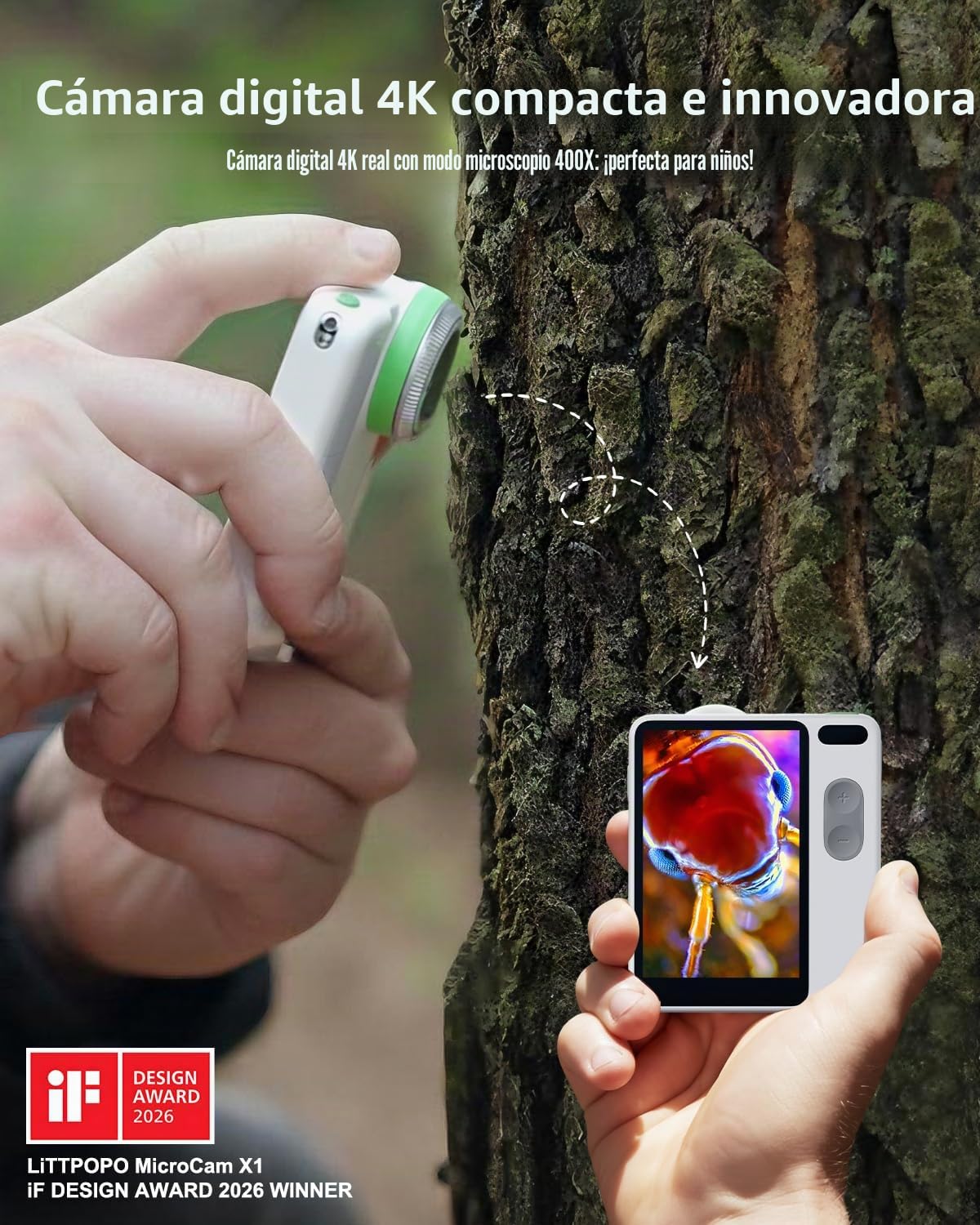 Cámara digital MicroCam X1 4K con microscopio 400X, material de película real 4K, enfoque automático, pantalla táctil LCD de 3,5 pulgadas, cámara compacta de apuntar y disparar para