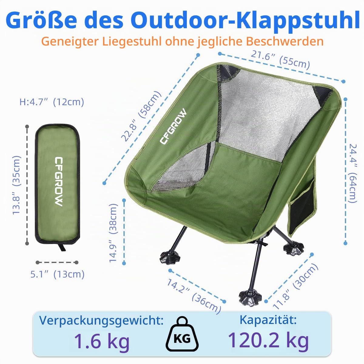 CFGROW Campingstuhl Faltbar, Tragbarer Campingstühle 150Kg Faltstuhl Ultraleichter Kleines Packmaß Klappstuhl mit Tragetasche für Picknick Angeln Garten Wandern Outdoor Rucksackreisen (Grün)