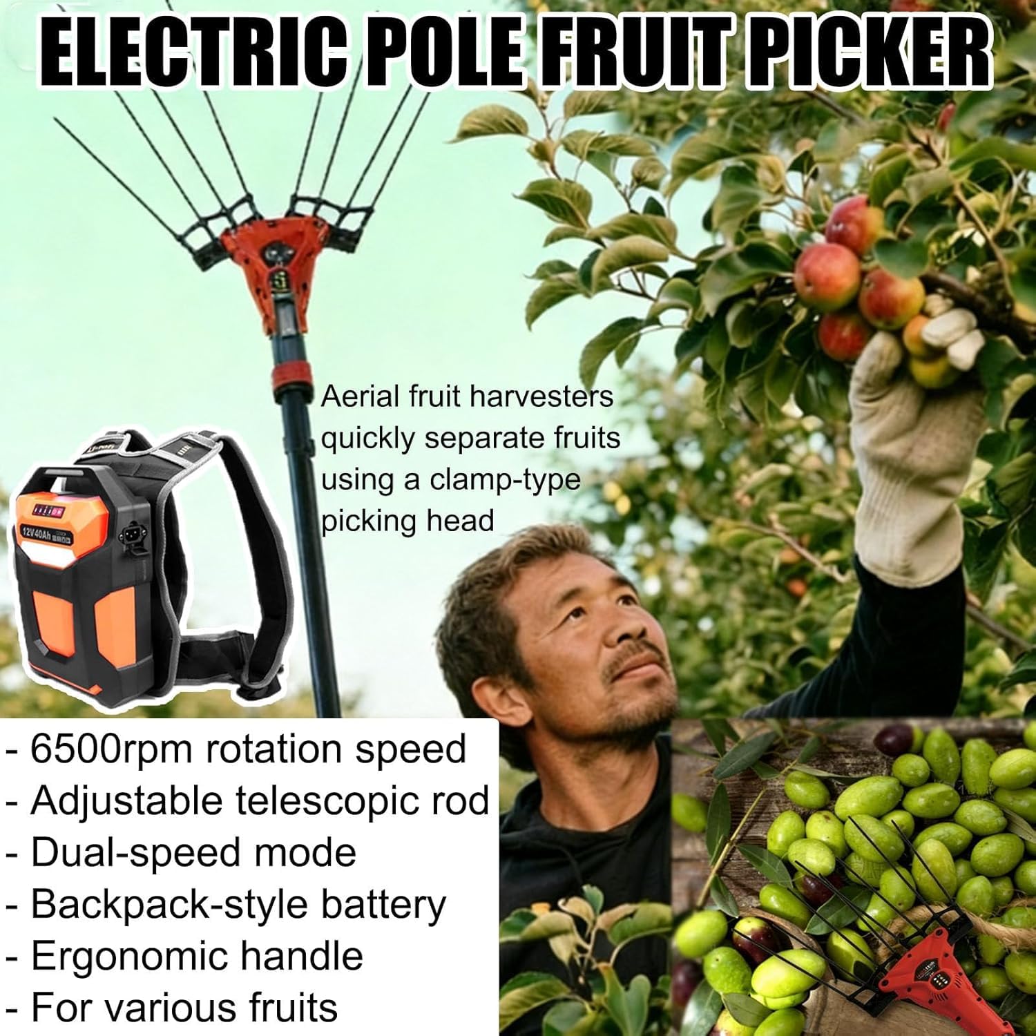 Recolector eléctrico de frutas, cosechadora telescópica de aceitunas de doble velocidad, agitador de árbol inalámbrico de 600 W con batería de mochila para una cosecha eficiente