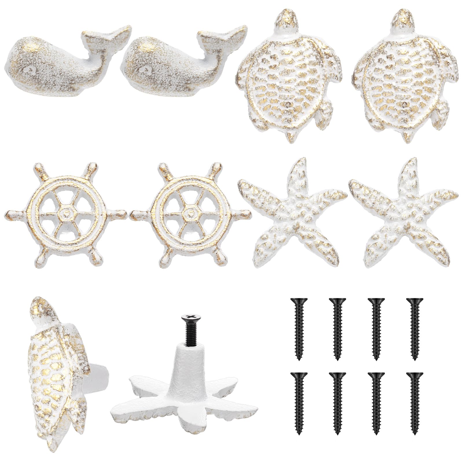 Zonon 8 Pcs Coastal Nautical Cabinet Knobs, Beach Ocean Themed Drawer Knobs, Starfish Sea Turtle Rudder Whale Cabinet Pulls & Handle, Metal Knob for Dresser Cupboard Wardrobe (White Gold) — image 1