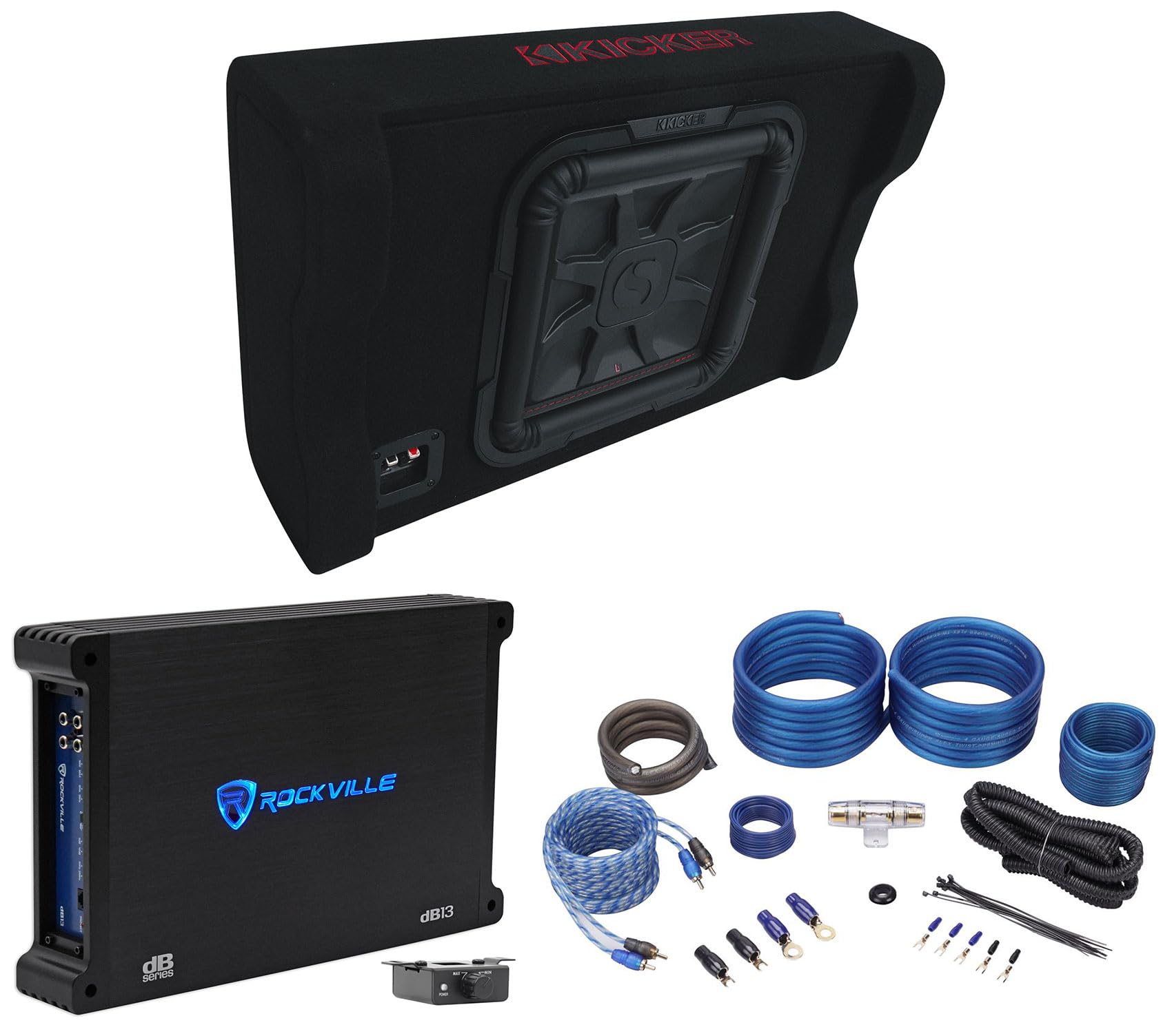 Audiosavings Bundle: (1) Kicker 49L7TDF122 L7TDF L7T Subwoofer+Sub Enclosure Box Bundle with (1) RV dB13 Peak/750w RMS Mono 2 Ohm Amplifier & (1) RV RWK41 Complete Car Amp Wiring Wire Kit (Items 3)
