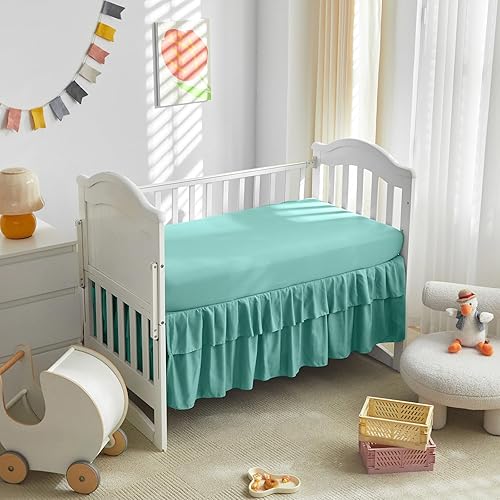 Miniatura 7 de Juego de ropa de cama para cuna con volantes de 3 piezas, edredón acolchado bohemio con sábana bajera y falda de cama, lindo diseño de manta suave