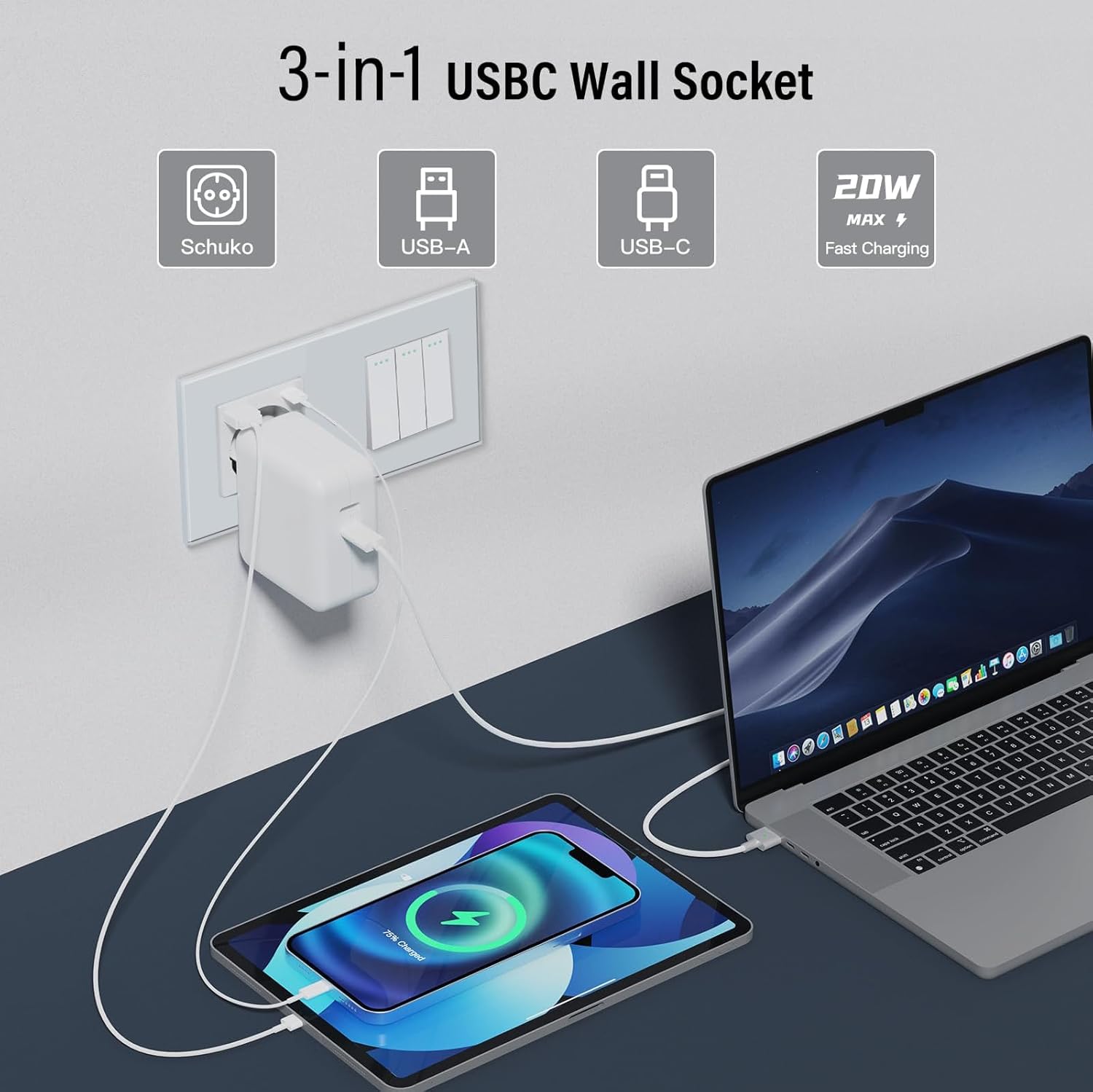 BSEED Schuko, Switch and Socket Sockets with 20W USB and Type C, German Plug Quick Charge, Glass Panel, 3 IN 1, Easy Installation, 3 Gang 1 Way-PD Schuko, White