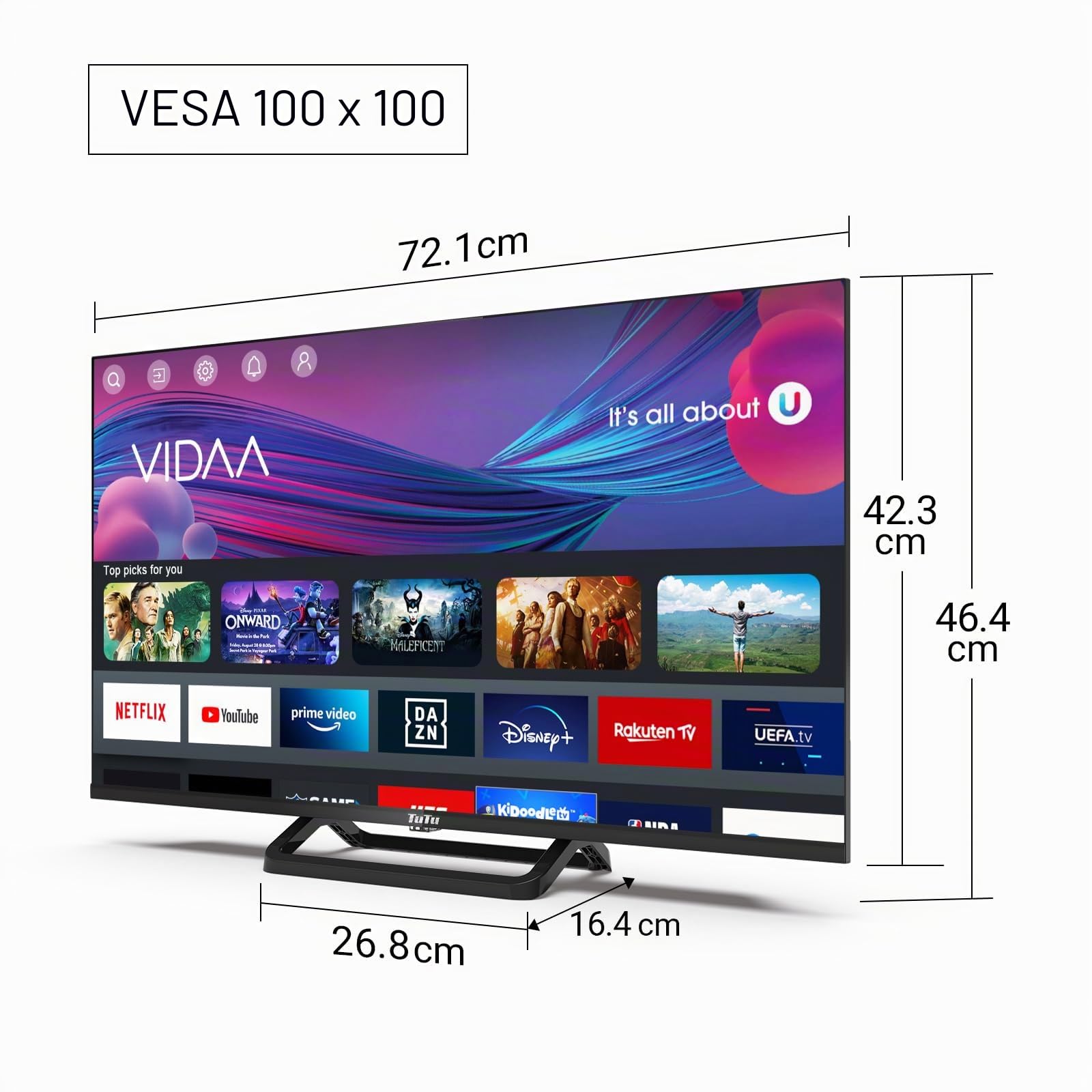 TuTu TUV32FN1B Smart TV 32 Pollici Full HD, LED Televisori con Wi-Fi, Bluetooth 5.0, App Store, Triple Tuner (DVB-T/T2, DVB-C, DVB-S/S2), HDMI, USB, Base Centrale [2024]