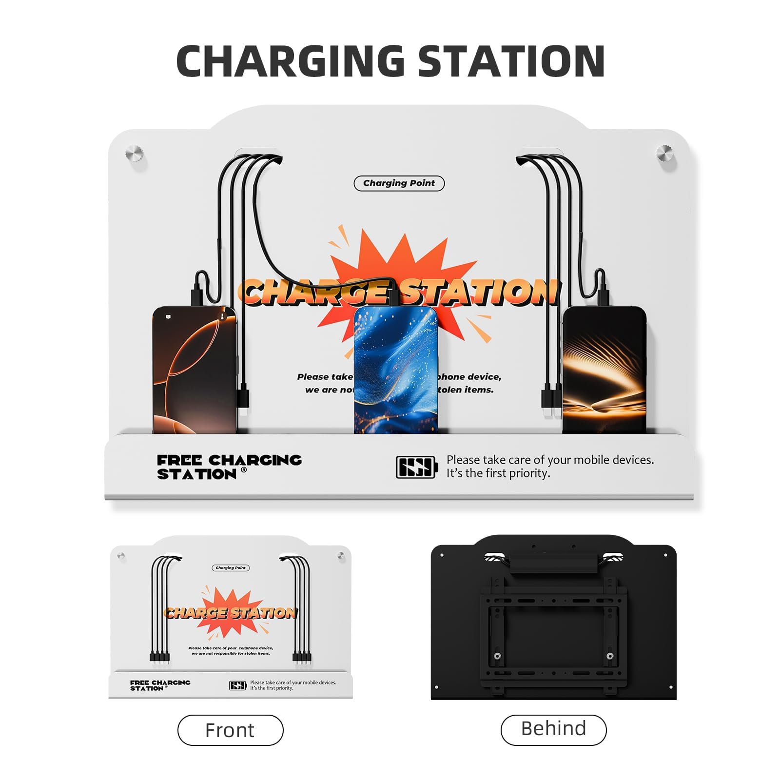 Estación de carga de pared de 8 puertos con cables universales, base de carga rápida para iPhone, Android y dispositivos tipo C, perfecta para oficina, aeropuerto, hotel y escuela (blanco)
