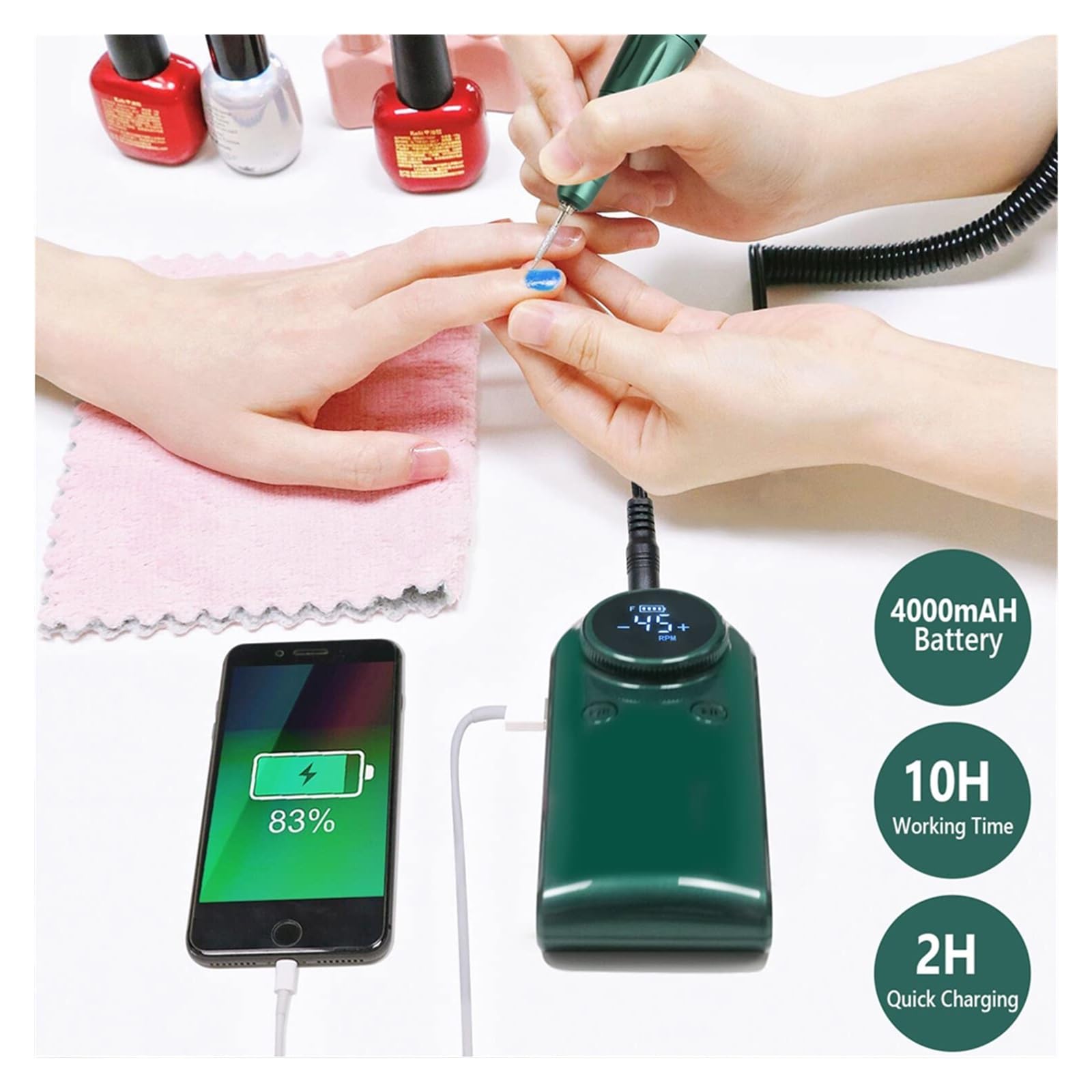Elektryczna wiertarka do paznokci, 45000 RPM elektryczna wiertarka do paznokci akumulator pilnik do paznokci do paznokci akrylowych paznokcie żelowe Manicure Pedicure polerowanie kształt narzędzia Łat