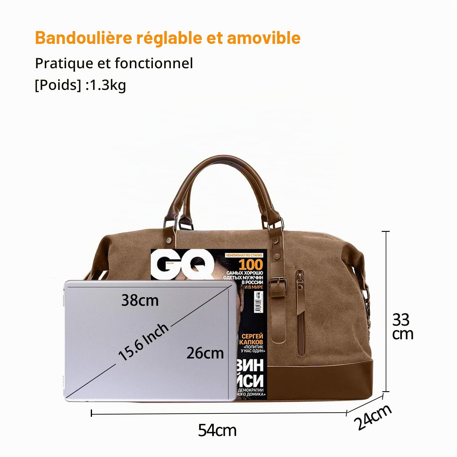FANDARE Sac de Toile Main et Bandoulière - Sac de Voyage et Sport pour Hommes et Femmes - Week-End, Camping, Randonnée, Loisirs - Marron L