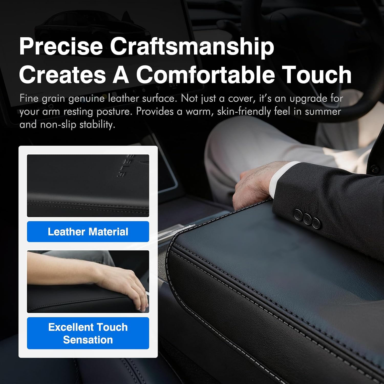 Center Console Armrest Cover for Tesla Model 3 2017-2023 & Model Y 2020-2025 - Black Genuine Leather Armrest Protector, Scratch Resistant Interior | Easy Install Skin with Bonus Key Card Holder