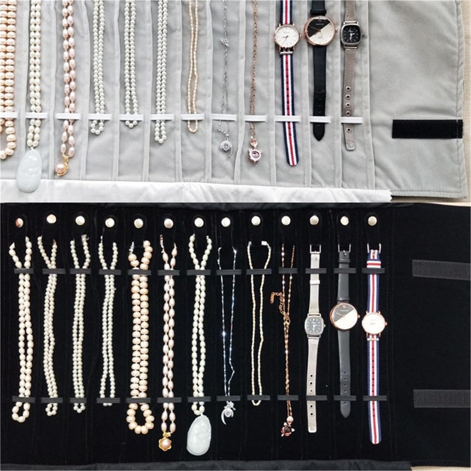 Podróżna kosmetyczka na biżuterię, Torba na rolkę do przechowywania biżuterii Aksamitny organizer Czarny Szary(Necklace Roll Bag 2)