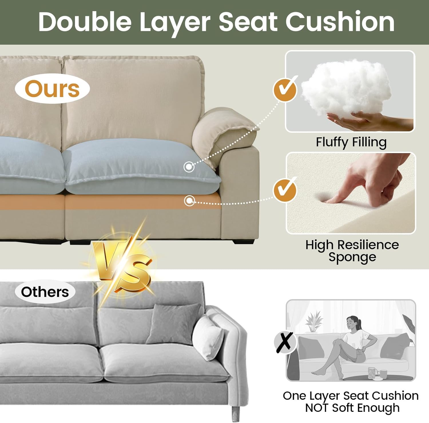 Cloud Couch Sectional with Double Layer Seat Cushion Modular Sectional Sofa with Padded Armrests 5 Seats Sectional Couches for Living Room Apartment Chenille Beige