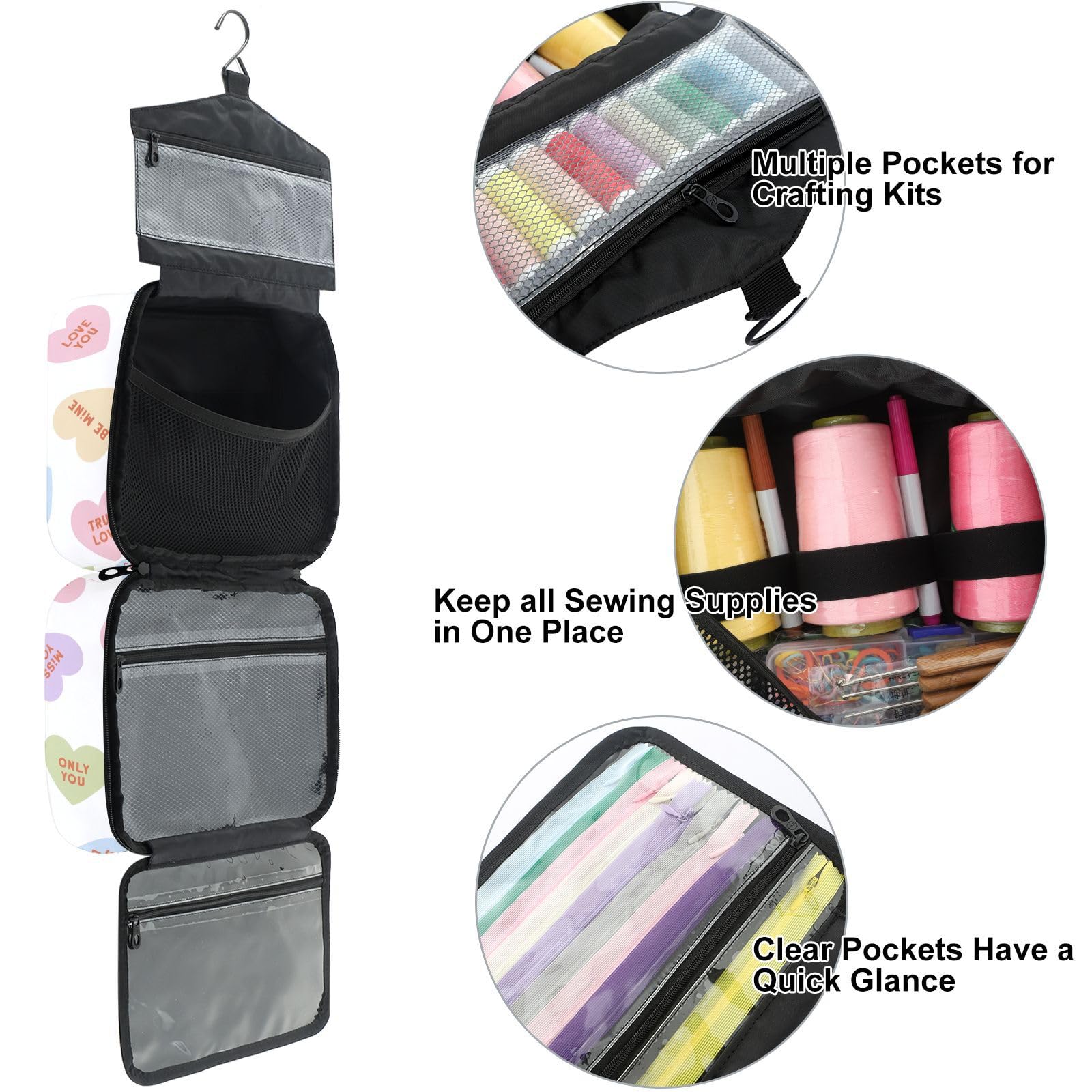 YNNALE Sewing Supply Organizer Bag, Valentine's Day Sweet Words Love You Portable Sewing Bags with Pockets&Hanger, Sewing Storage Box Case for Sew Supplies/Kit/Tools/Accessories (BAG ONLY)