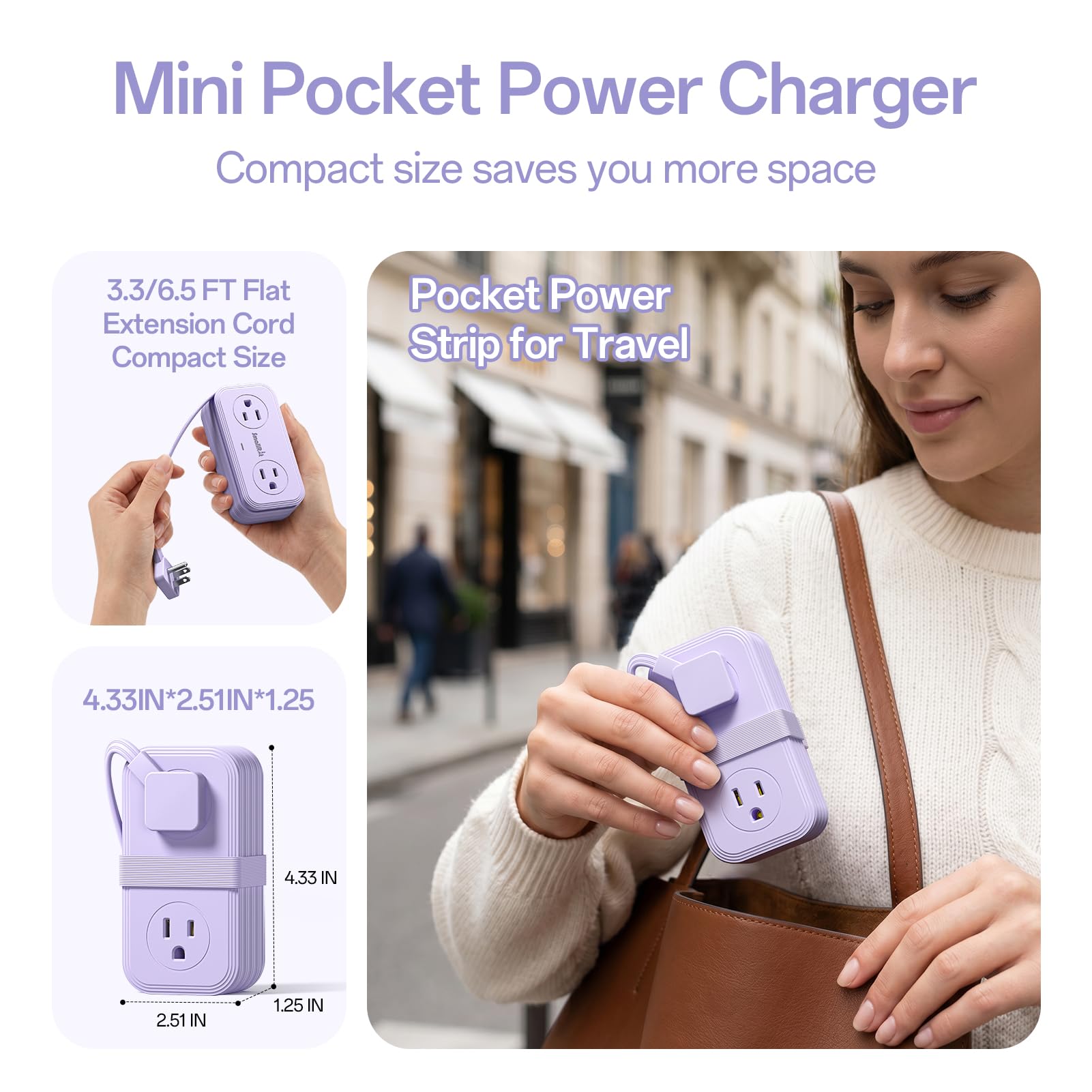 SMALLRT Tragbare Mehrfachkontakt-Steckdosenleiste, 7-in-1, 2 Stück, Flachstecker mit aufgerolltem Kabel, 0,98 m, elektrische Verlängerung mit 3 USB (2 USB C) für Reisen, Hotel, Kreuzfahrt, Violett