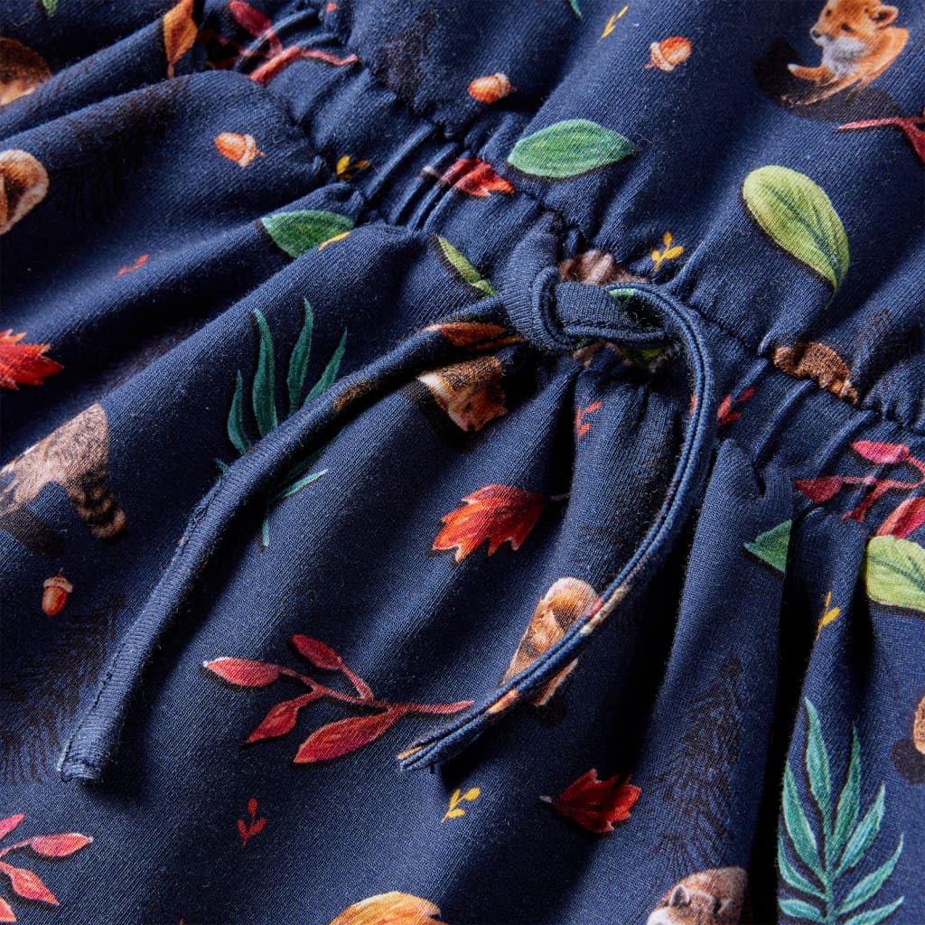 Vestido infantil de manga larga azul marino para niñas, vestido de fiesta con estampado de hojas, algodón elastano, cómodo, transpirable, adecuado para guardería, cumpleaños, fiesta