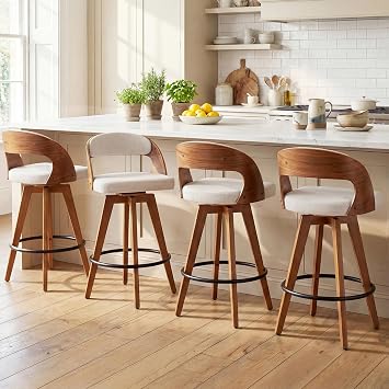 MEKLIBA Barstools Set of 2,Counter Height Bar Stools for Kitchen Island,26.8 Inch Modern Upholstered Bar Chair, Swivel Counter Stools with Wood Back and Bamboo Legs (Beige-Fabric)