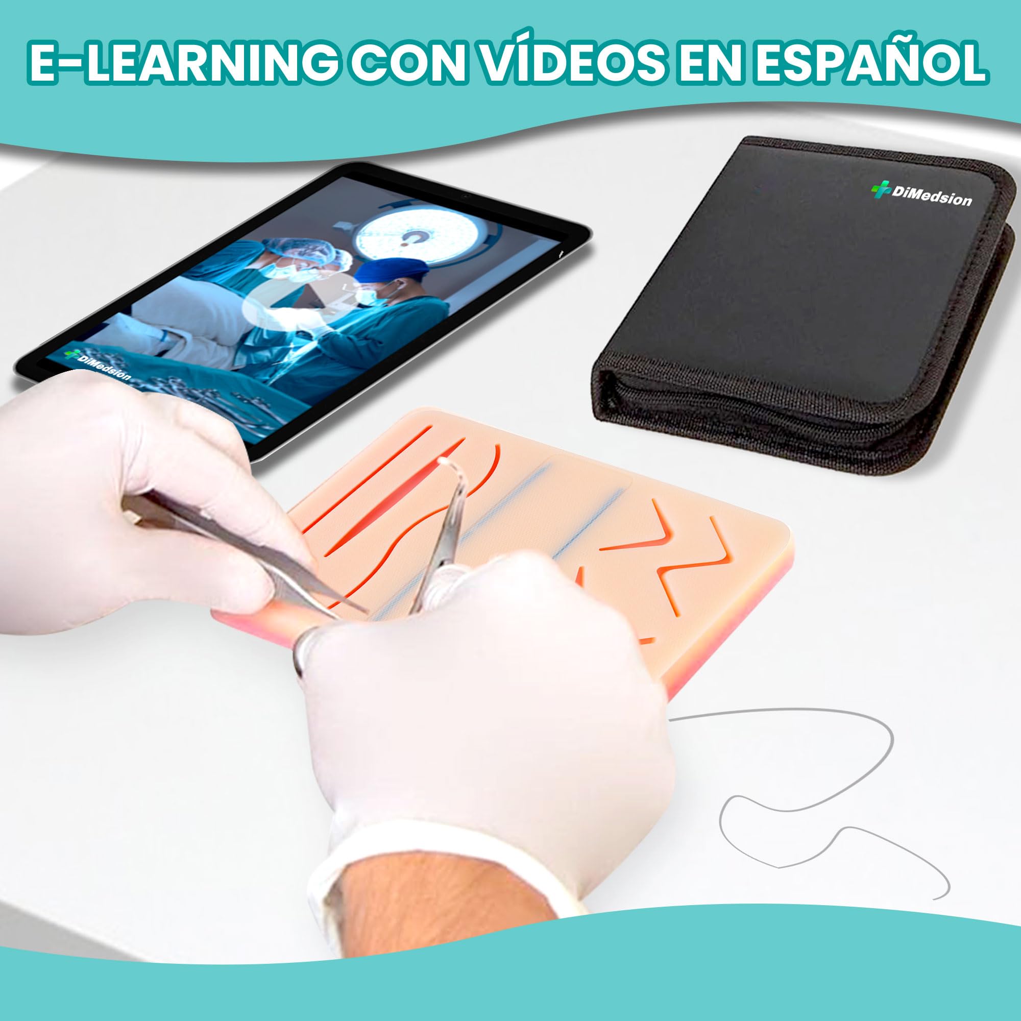 Kit sutura con almohadilla Extra Larga con zona de corte libre - Kit de sutura quirurgica con instrumental completo, para practicar suturas quirurgicas, kit practica sutura
