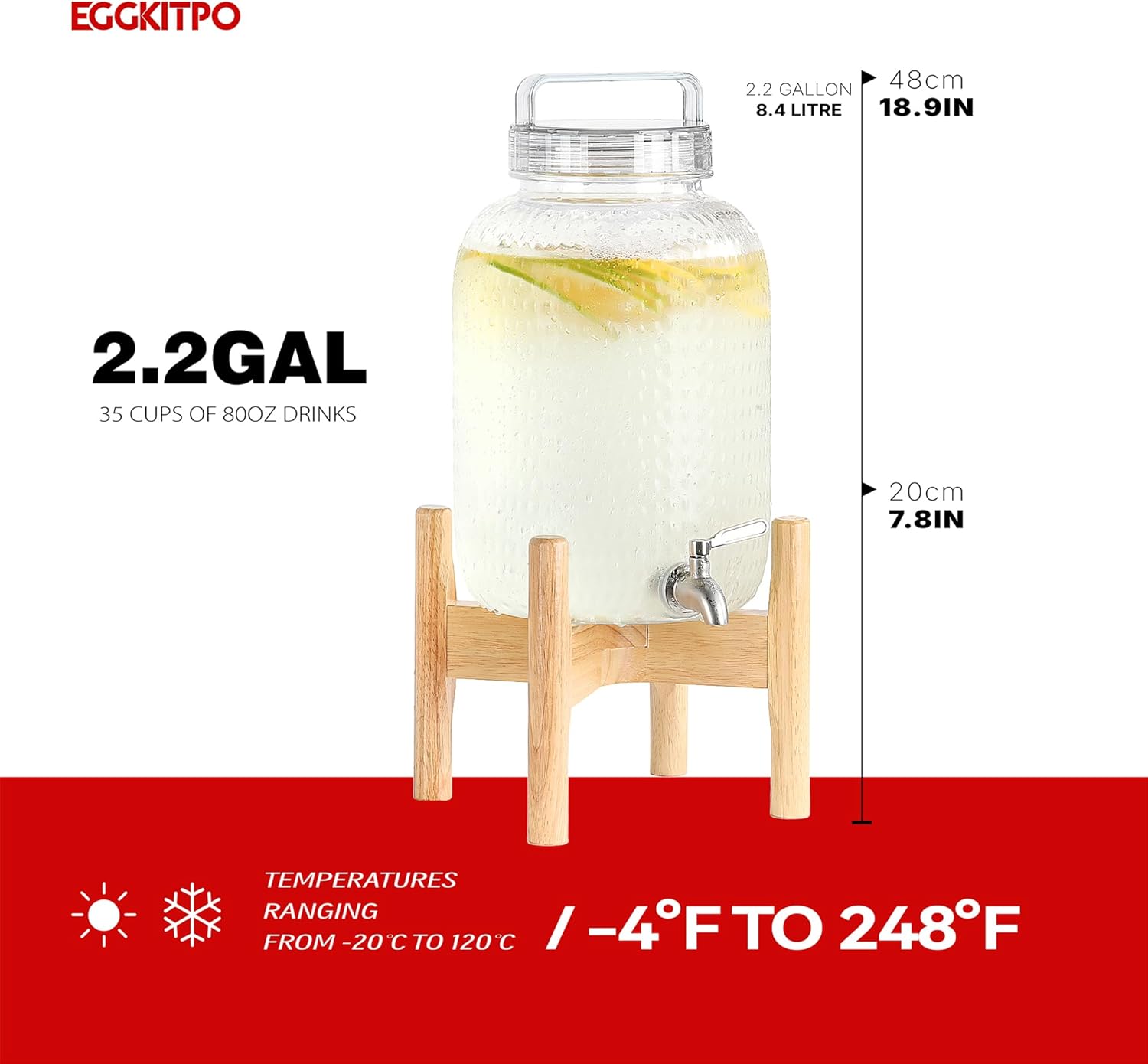 EGGKITPO 2.2 Gallon Drink Dispensers with 304 Stainless Steel Spigot for Parties Lemonade Dispenser with Wood Bracket Clear Cover Polycarbonate Beverage Dispenser for Home Use - Image 5