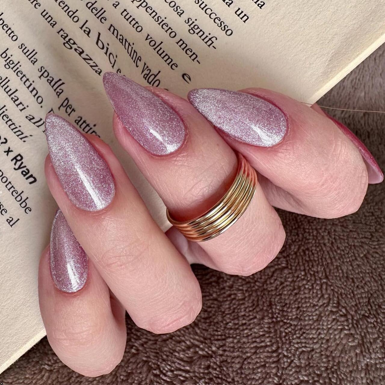 Baby Pink Glitter Press on Almond Shaped Sparkle Medium Nails - Reusable Acrylic Fake Nails for Women - Glue on Medium Length With Bling Glam Designs - Stiletto False Nails