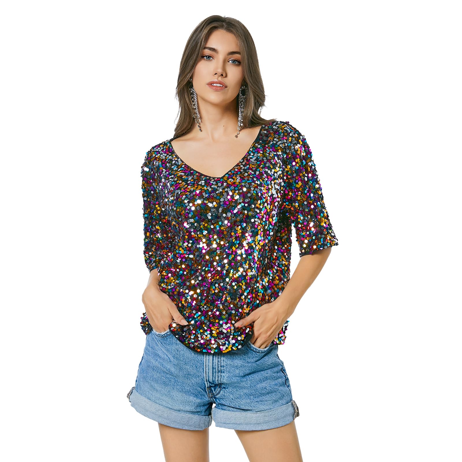 Glitter Jeans And Tops For Party Women's Sequin Tops Glitter V
