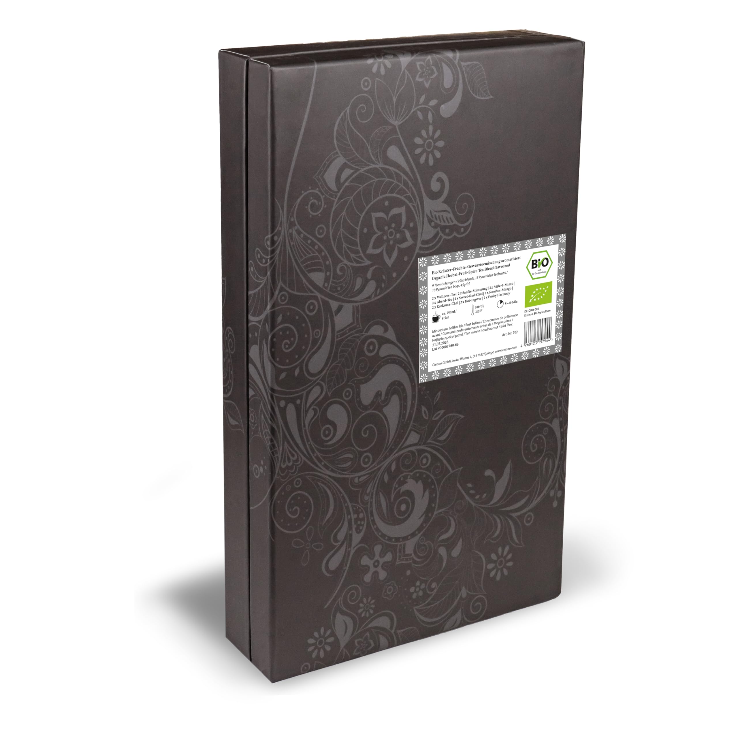Creano Set de Regalo de Té Bio Infusión de Hierbas 18 Bolsitas Piramidales 9 Variedades Surtidas Sin Cafeína