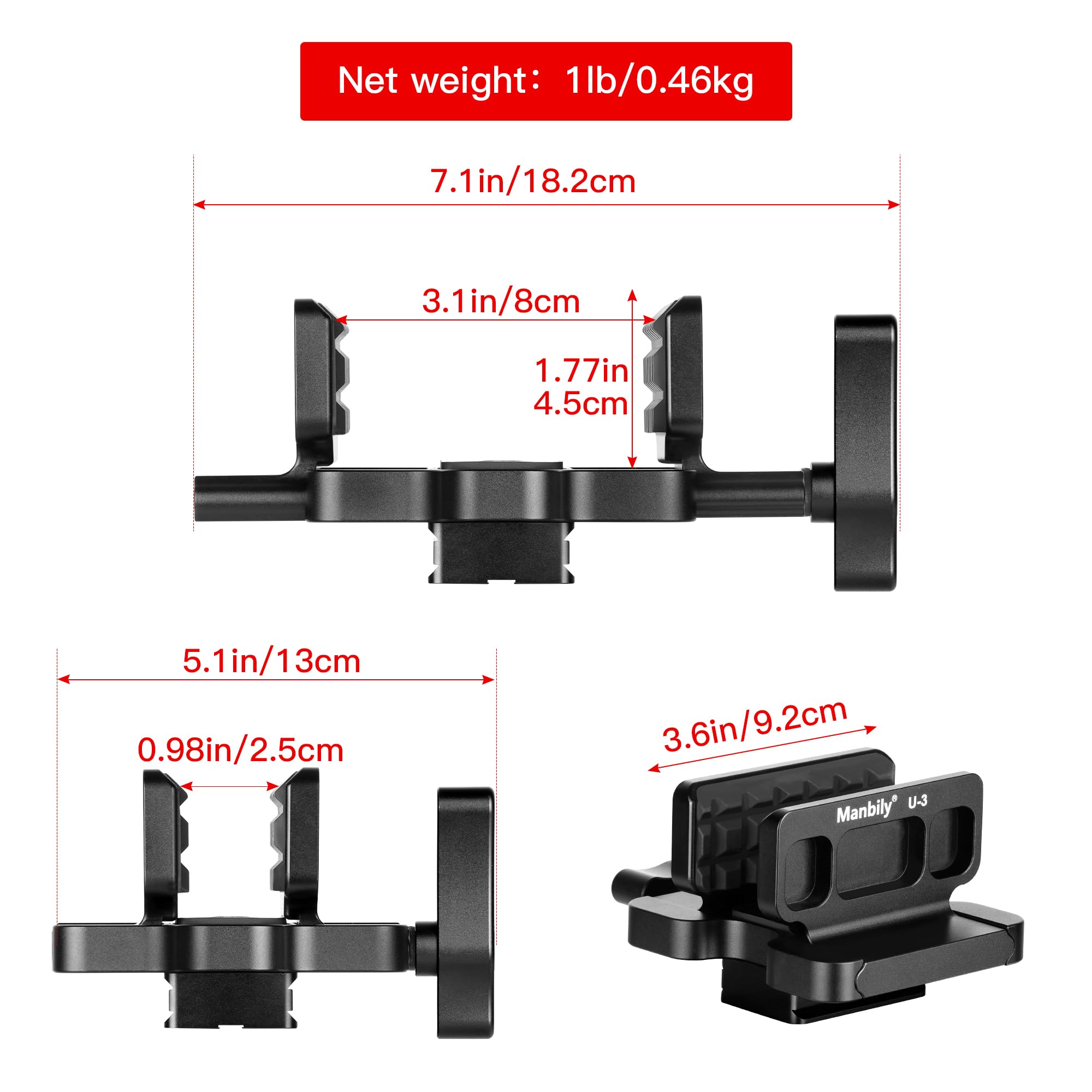 Manbily U-3 Stativkopf Sattel zum Schießen von Stativen, Aluminium Universell Ruhe Klemme Mount, 1/4" & 3/8" & Arca-Swiss Kompatibilitätsbasis für Monopode, Schwarz