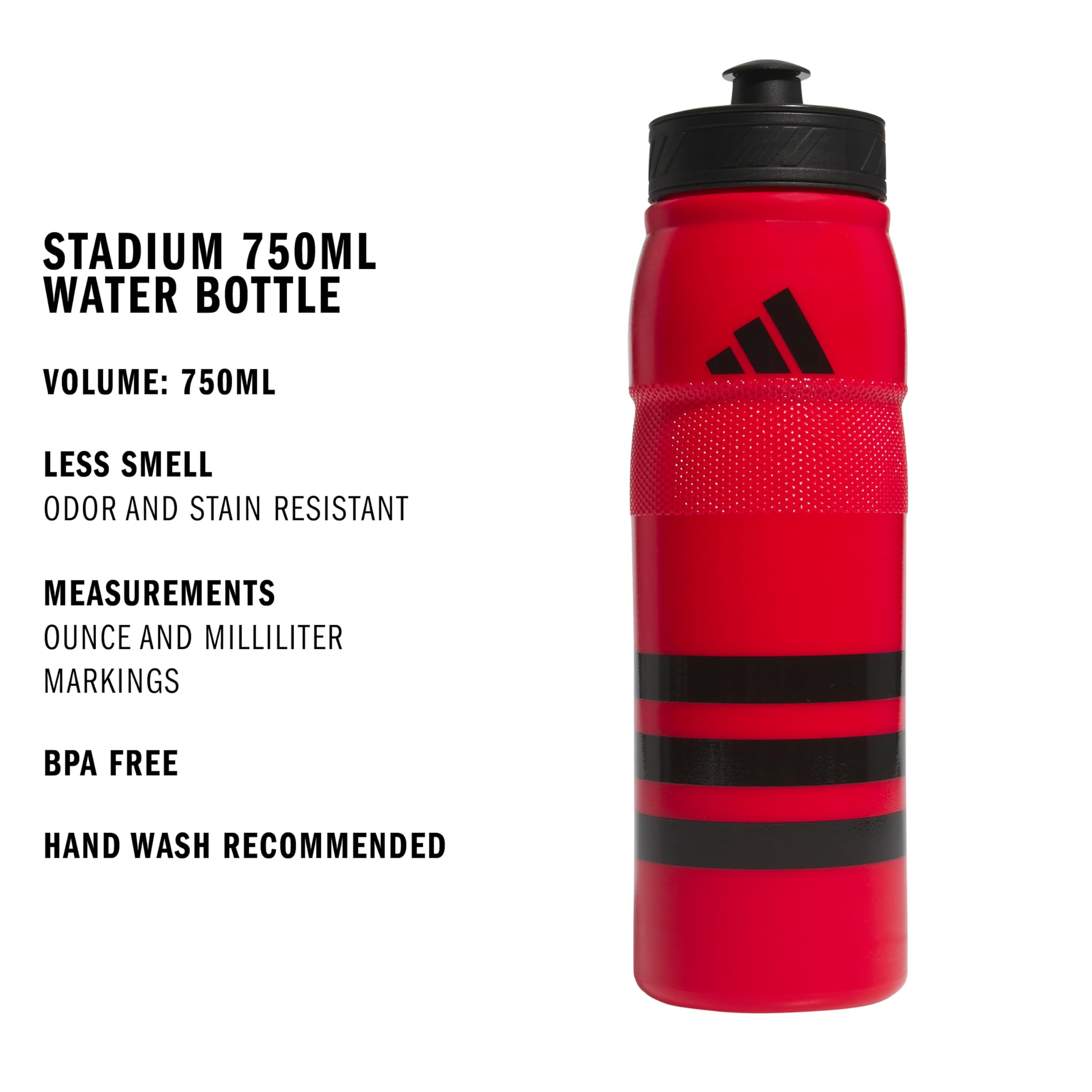 adidas Botella de agua deportiva de plástico recargable para estadio de 750 ml, color rojo escarlata/negro/negro, 25.4 onzas