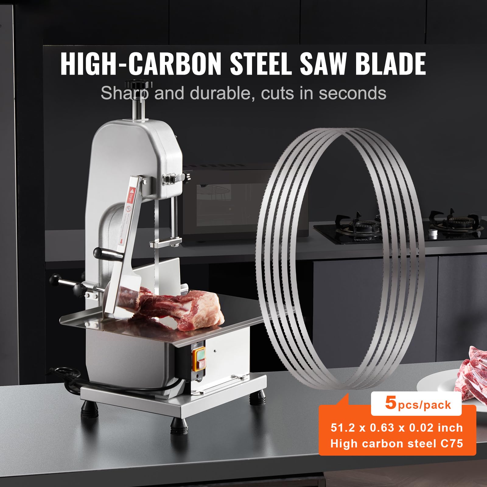 Happybuy 51.2x0.63x0.02 inch Band Saw Blade, 5 PCS Carbon Steel Meat Cutting Blades, Replacement for Commercial Bone Saw Machines, Rust-Proof Wrapped, Meat Processing