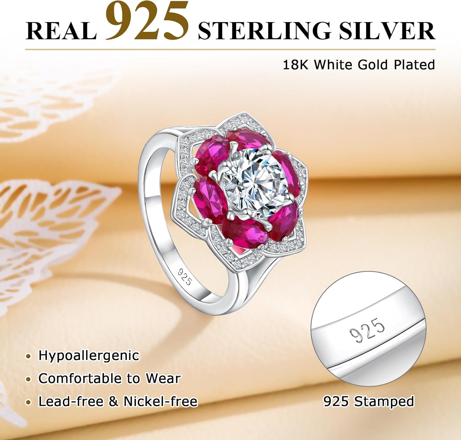 Clover Ring, Flower Rings, White Gold Plated Sterling Silver 5A CZ and Birthstone Engagement Promise Ring for Mothers Lover Gift, Size 6-10 - Image 7