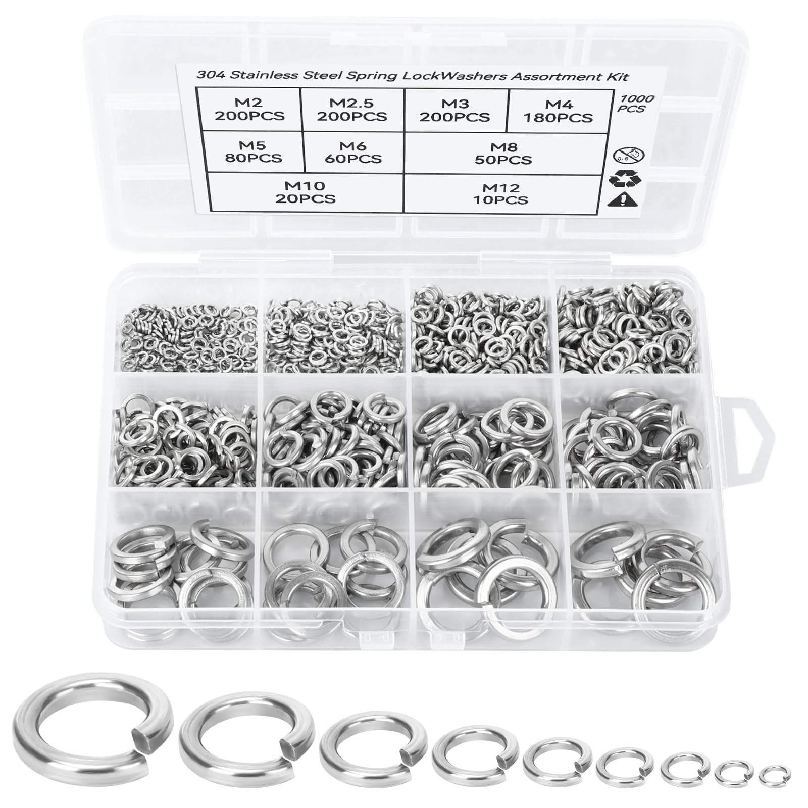 1000 Pcs Spring Lock Washers, 304 Stainless Steel Washers, M2 M2.5 M3 M4 M5 M6 M8 M10 M12 Split Lock Washer for Tightening Screw, Spring Washer Assortment Kit for Home, Factories, Kitchens, Shops