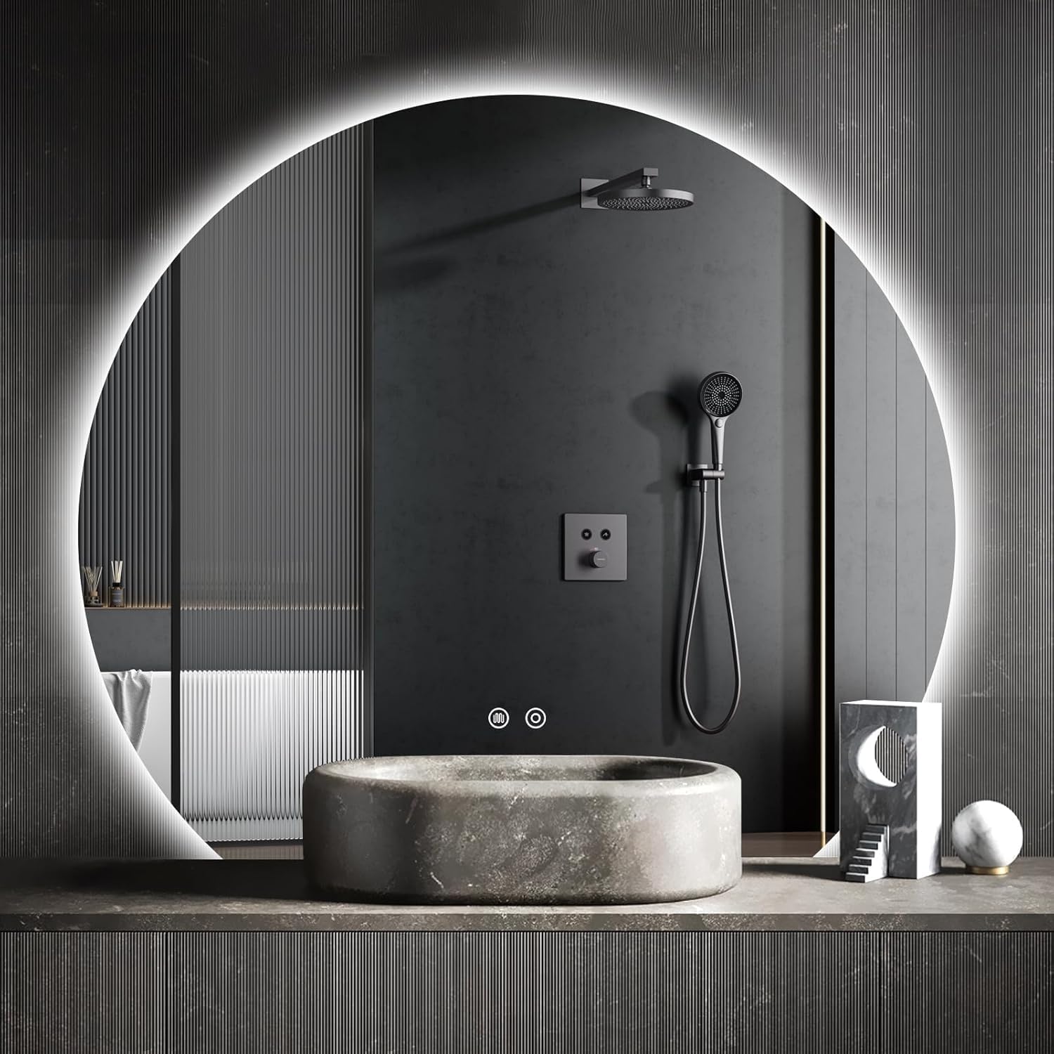 Half Circle Bathroom Mirror with LED Lights, Wall Mounted with Dimmer button, HD bathroom vanity mirror, 3 Light Modes Mirror for Wall, with Touch Button