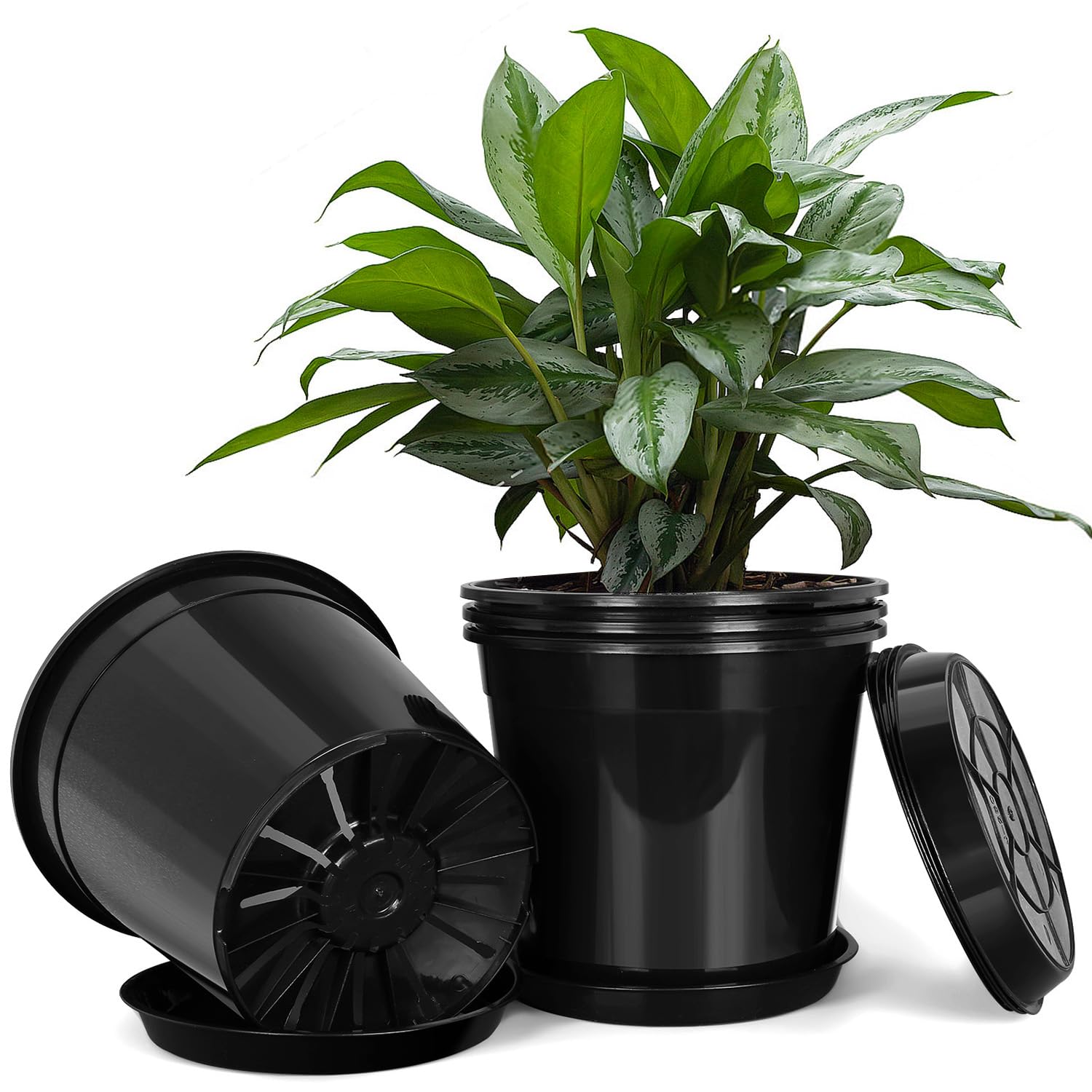 FUIJOL 7 Gallon Plastic Pots with Drip Trays, Sturdy Gallon Plant Pots with Drainage Holes, Large Gallon Pots for Flowers, Ideal for Indoor and