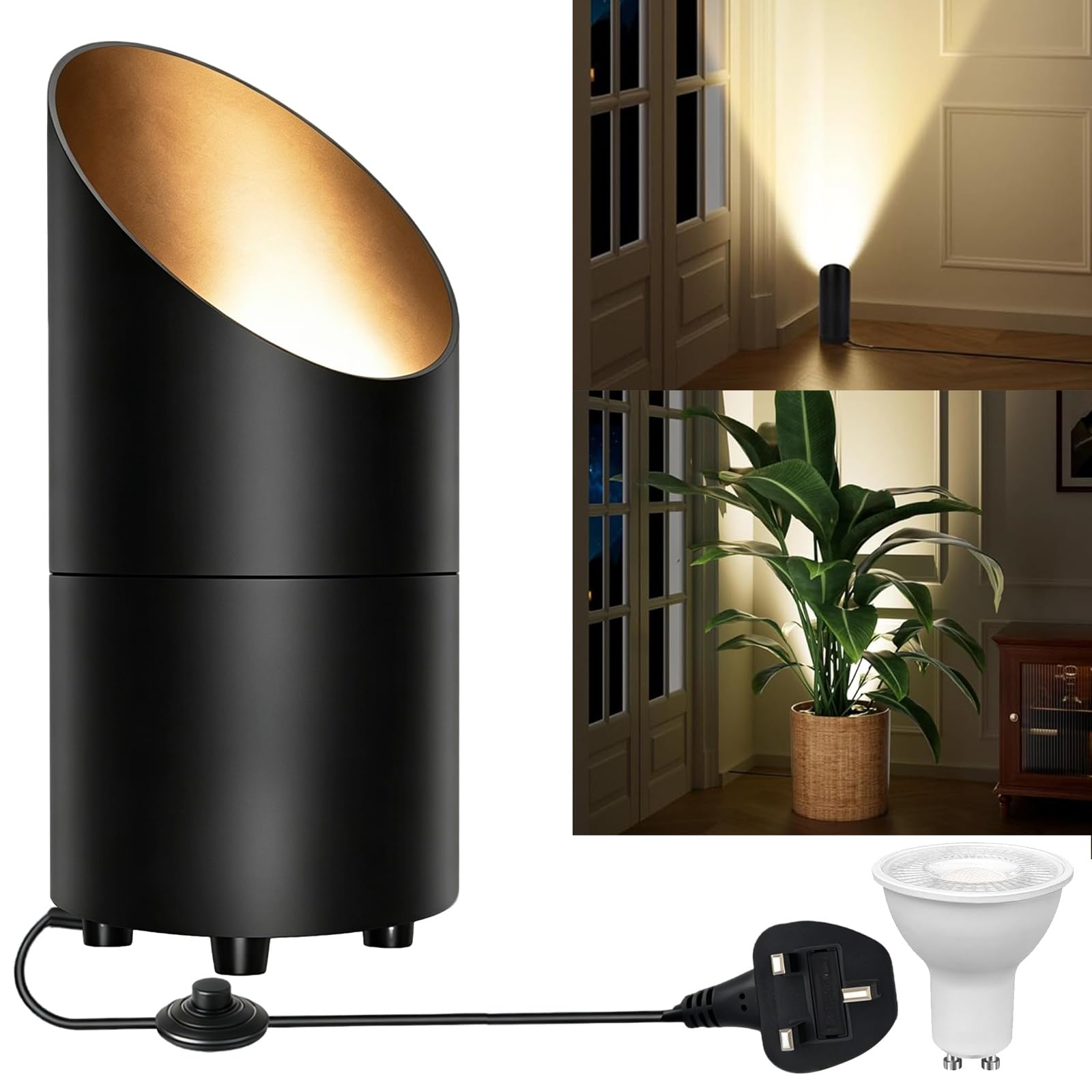 LED Uplighter Floor Lamps,Spot Lights Indoor with 5W GU10 Warm White 3000K, Plug in Uplighters Indoor with Foot Switch, Uplighters for Living Room Bedroom Mural Corner Plant Artwork (1 Pack Black)