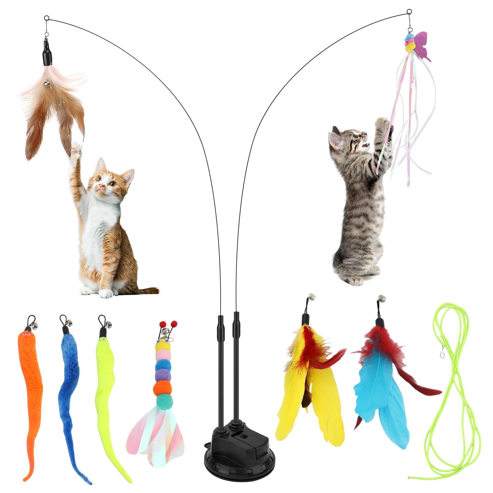 Cat Teaser Wand, Cat Toys Feather with Super Suction Cup, Double Headed Detachable Interactive Cat Toy, 12 PCS Elastic Cat Toys with Feathers, Cat Wand Toys for Indoor Cats