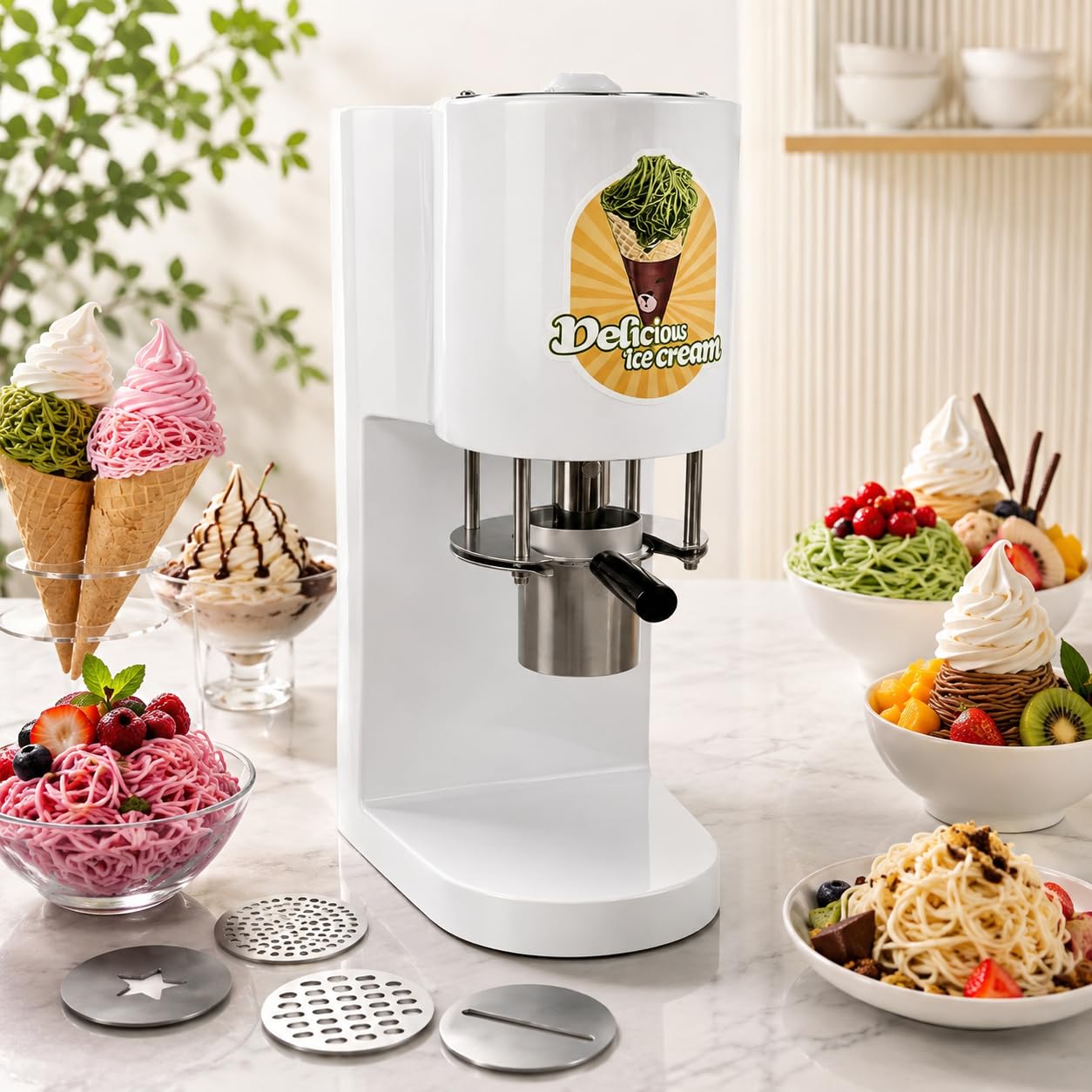Máquina Comercial para Helados, para Helado Tipo Fideos, 4 Moldes De Formas, Máquina para Hacer Helado Tipo Espagueti, Máquina Eléctrica para Hacer Helados White