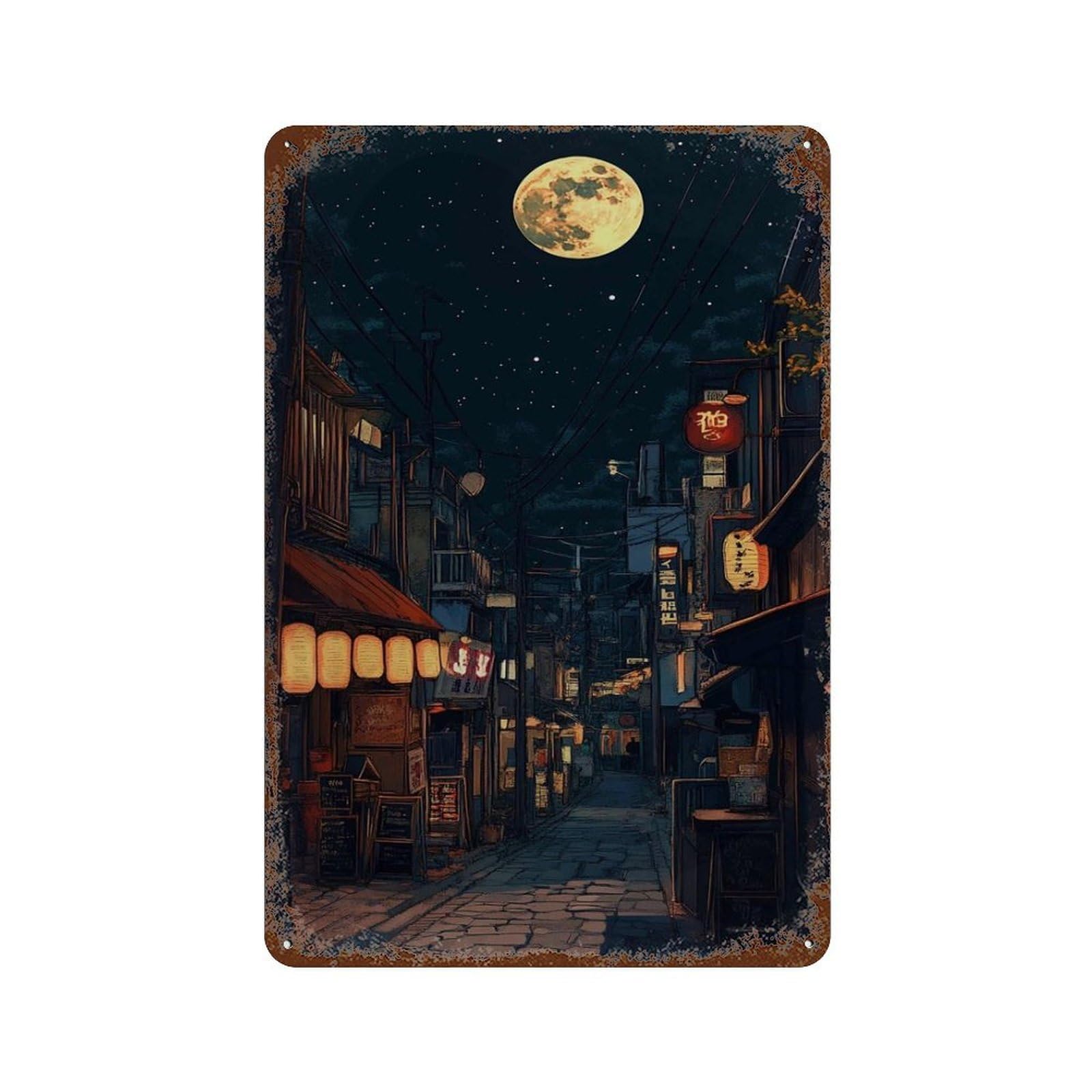 xiaoxiaoshen Moonlit Tokyo Japanese Street Night Lantern Lights in City Urban Scene Moon And Wall Decor Art Metal Tin Poster Modern Home Decor Art Home Bar Shop Decorations Vintage Sign 30x20cm
