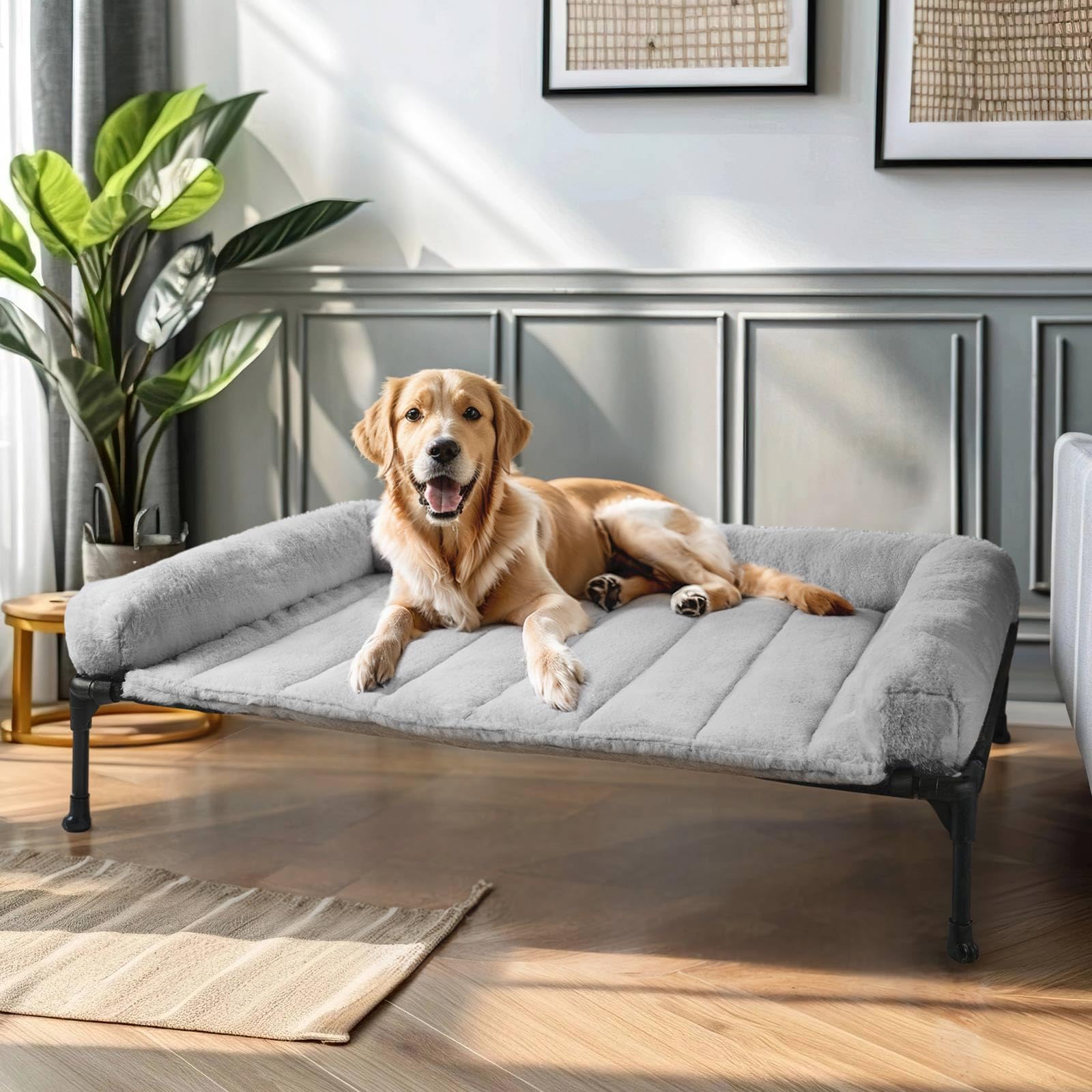 Veehoo Orthopedic Elevated Dog Bed with Fluffy Plush Bolster Cushion Indoor Raised Dog Beds for Large Dogs Soft
